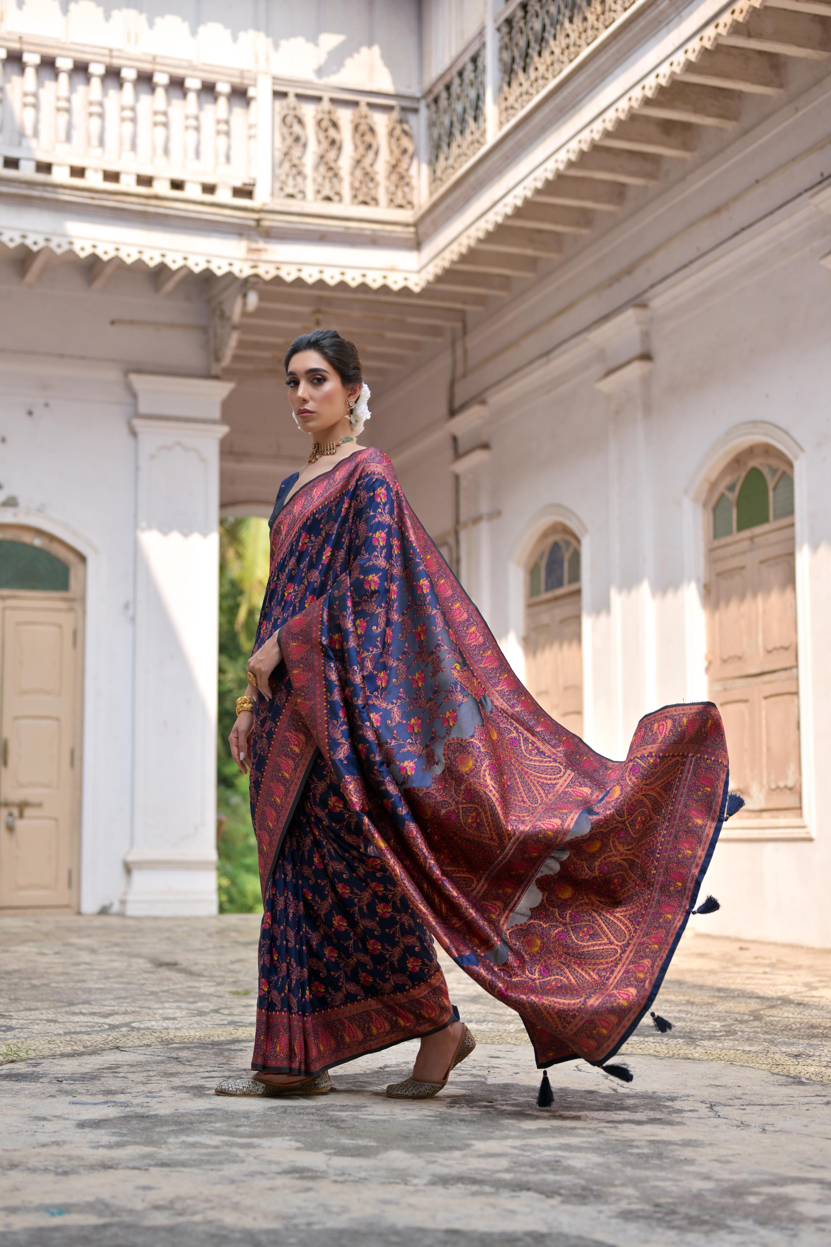 Jyoti Fashion Women's Navy Blue Soft Pashmina Silk Meena Zari Woven Saree with Blouse