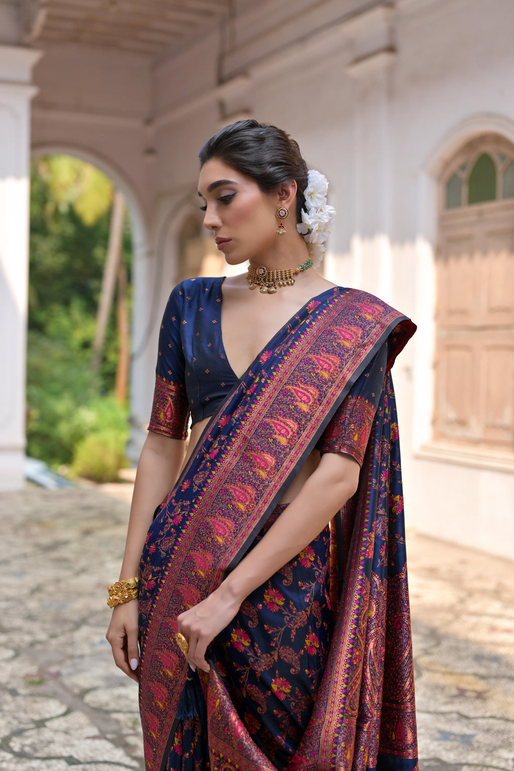 Jyoti Fashion Women's Navy Blue Soft Pashmina Silk Meena Zari Woven Saree with Blouse