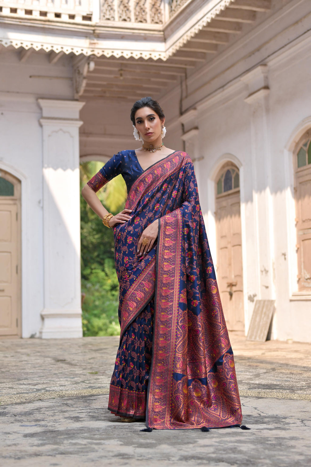 Jyoti Fashion Women's Navy Blue Soft Pashmina Silk Meena Zari Woven Saree with Blouse