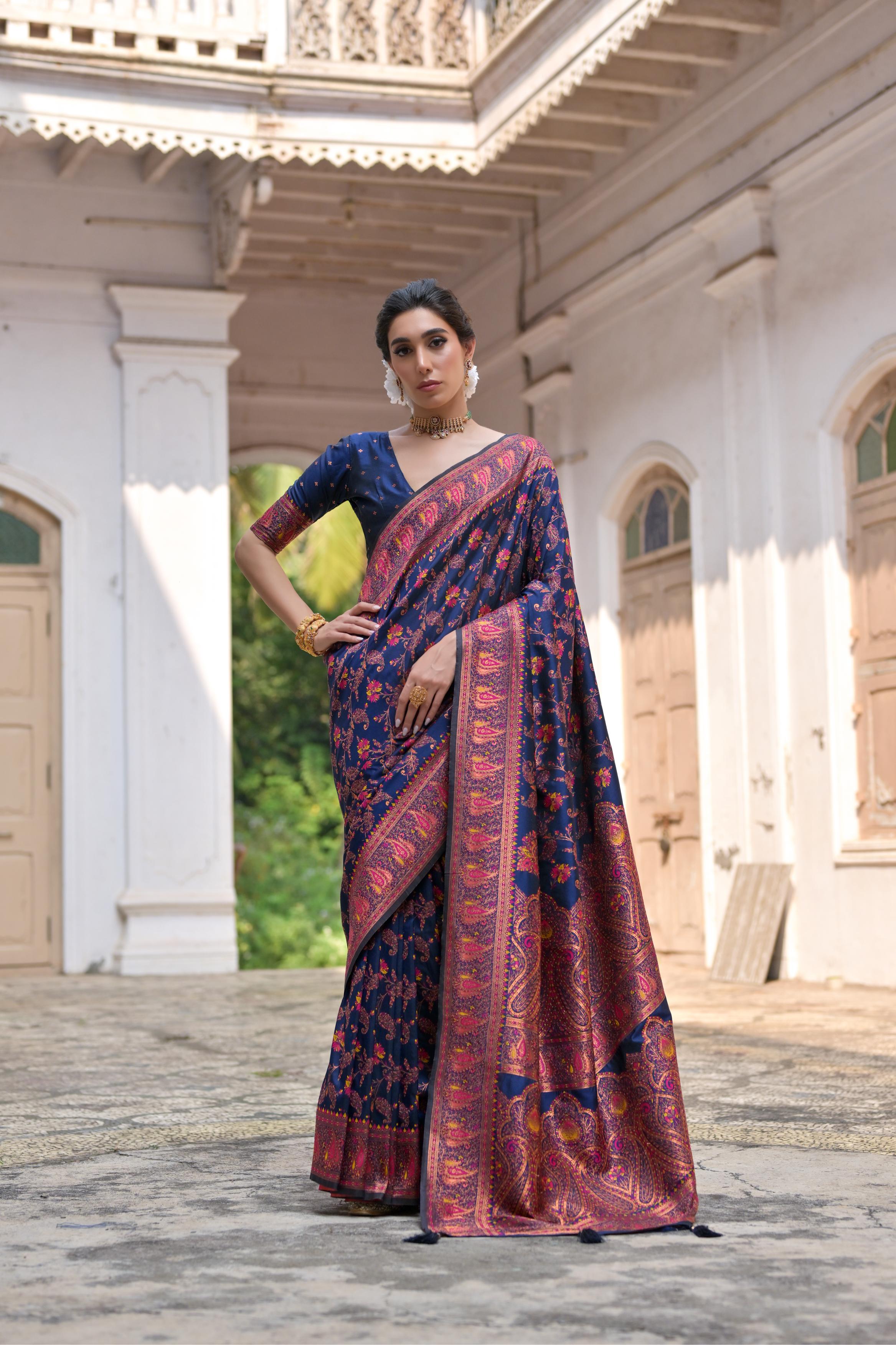 Jyoti Fashion Women's Navy Blue Soft Pashmina Silk Meena Zari Woven Saree with Blouse