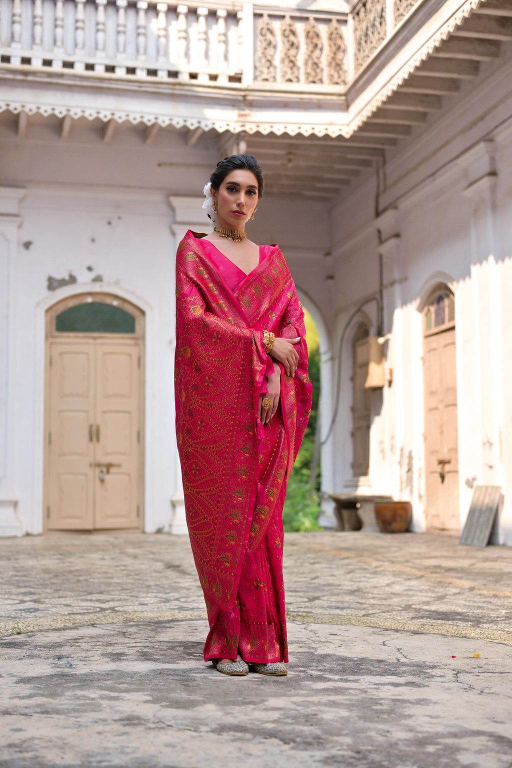 Jyoti Fashion Women's Pink Soft Pashmina Silk Meena Zari Woven Saree with Blouse