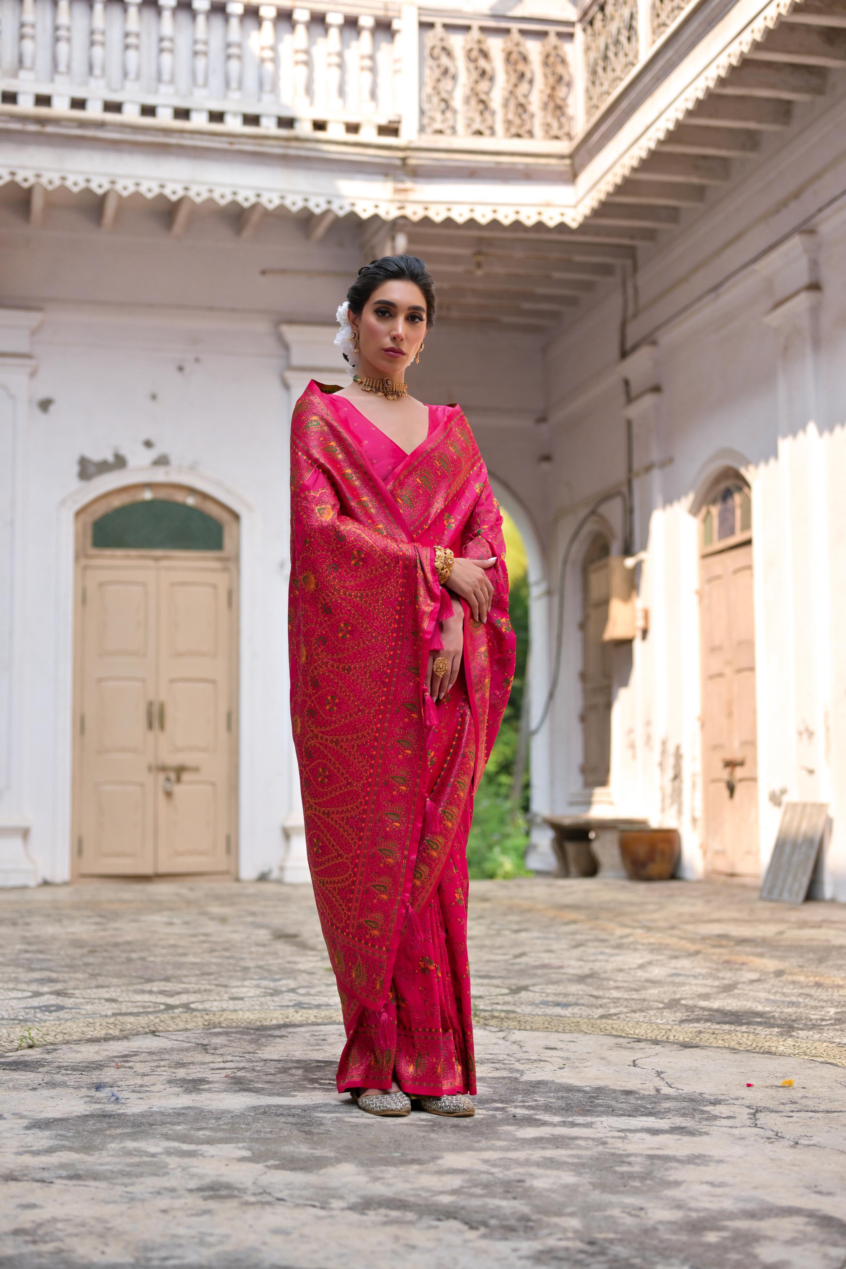 Jyoti Fashion Women's Pink Soft Pashmina Silk Meena Zari Woven Saree with Blouse
