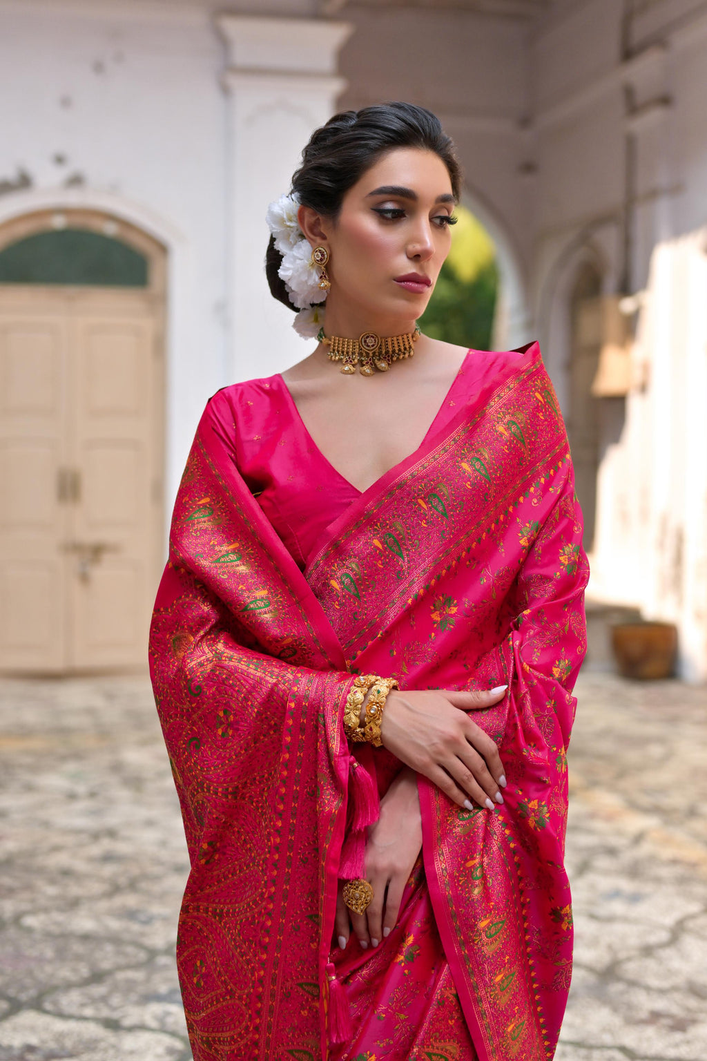 Jyoti Fashion Women's Pink Soft Pashmina Silk Meena Zari Woven Saree with Blouse