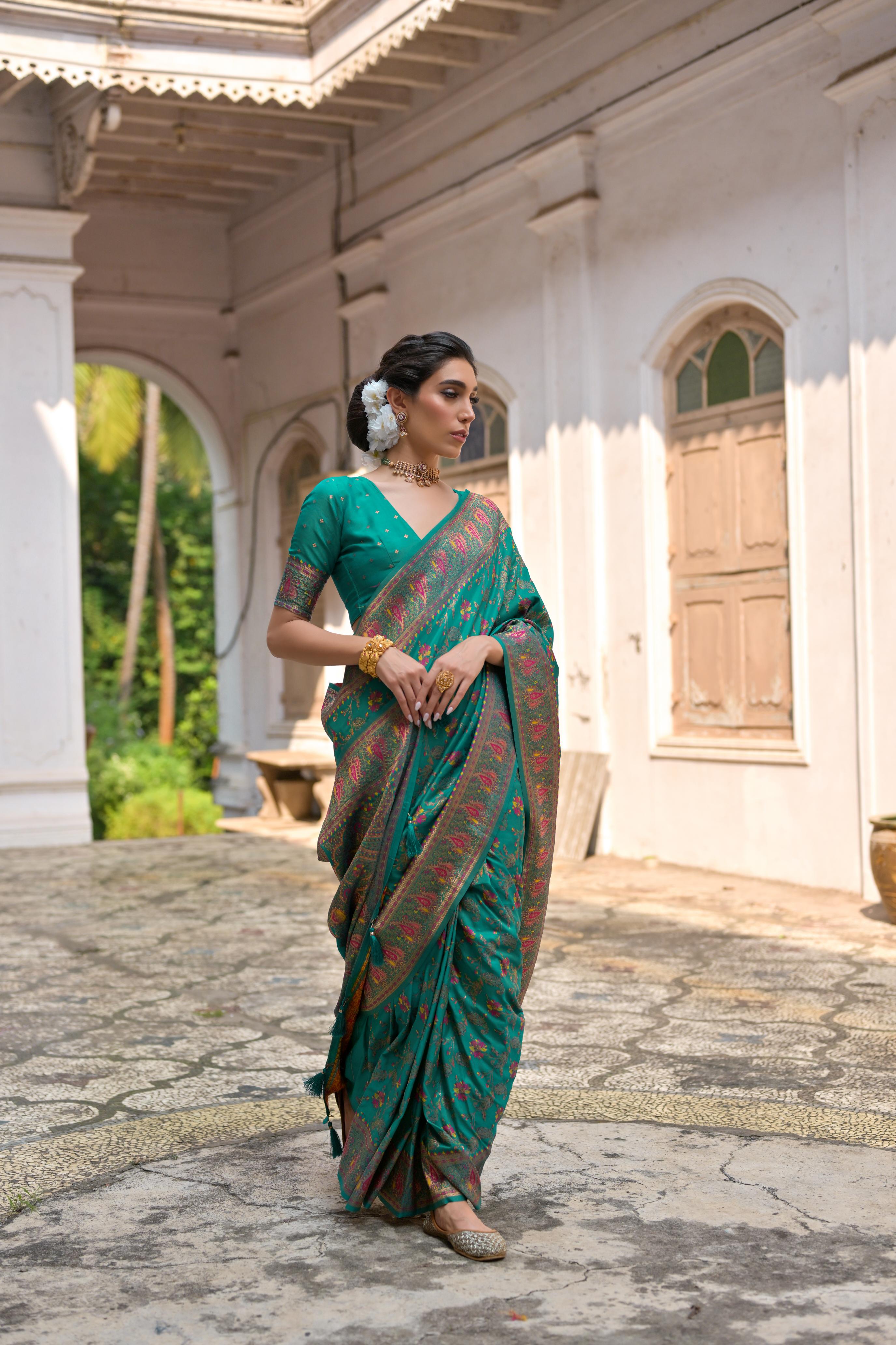 Jyoti Fashion Women's Rama Soft Pashmina Silk Meena Zari Woven Saree with Blouse