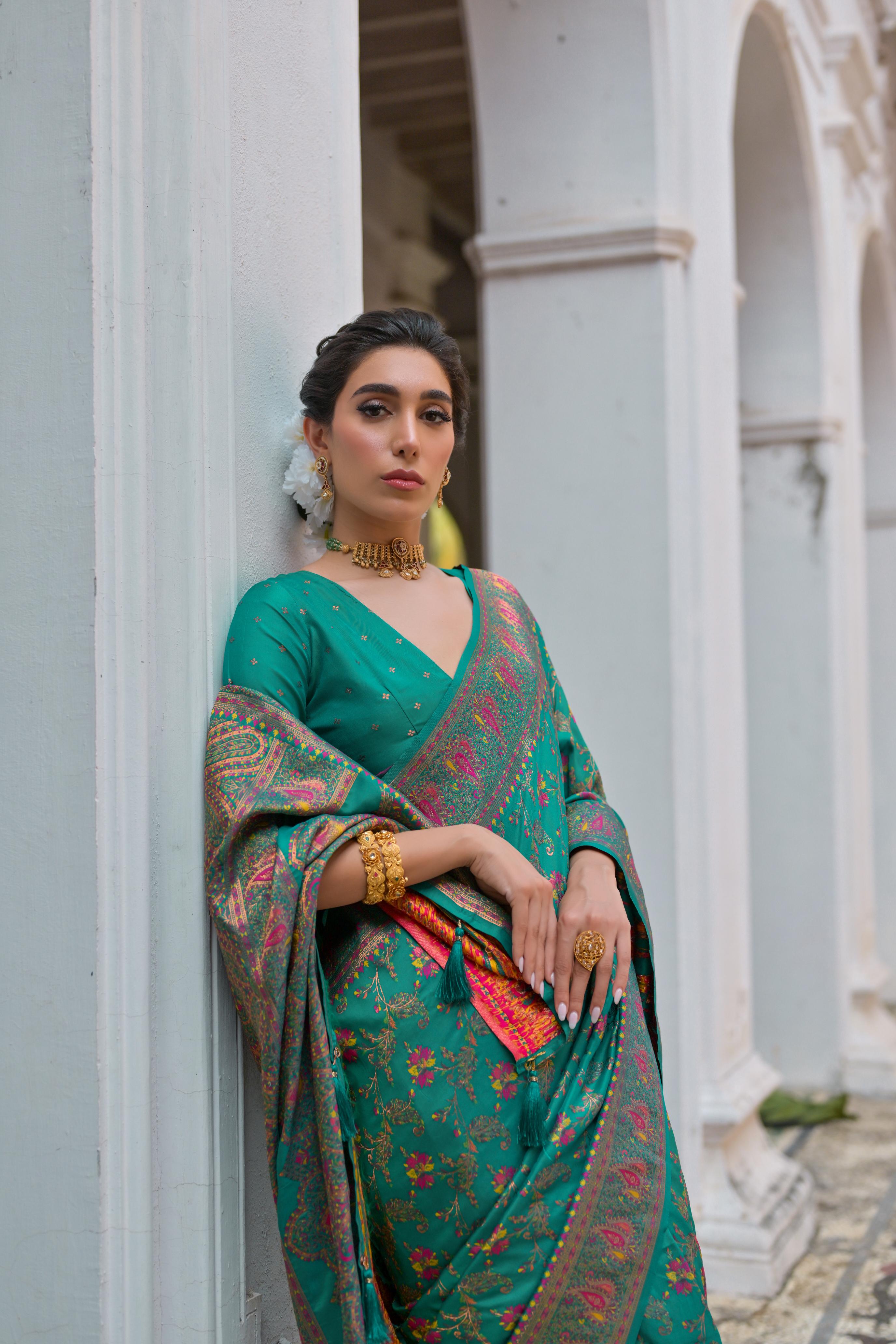 Jyoti Fashion Women's Rama Soft Pashmina Silk Meena Zari Woven Saree with Blouse