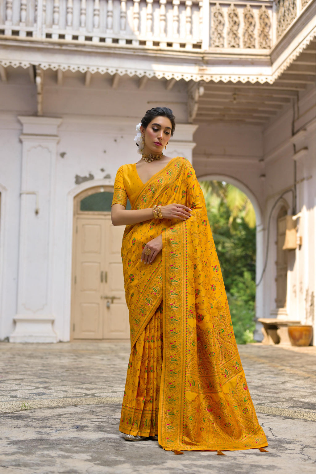 Jyoti Fashion Women's Yellow Soft Pashmina Silk Meena Zari Woven Saree with Blouse