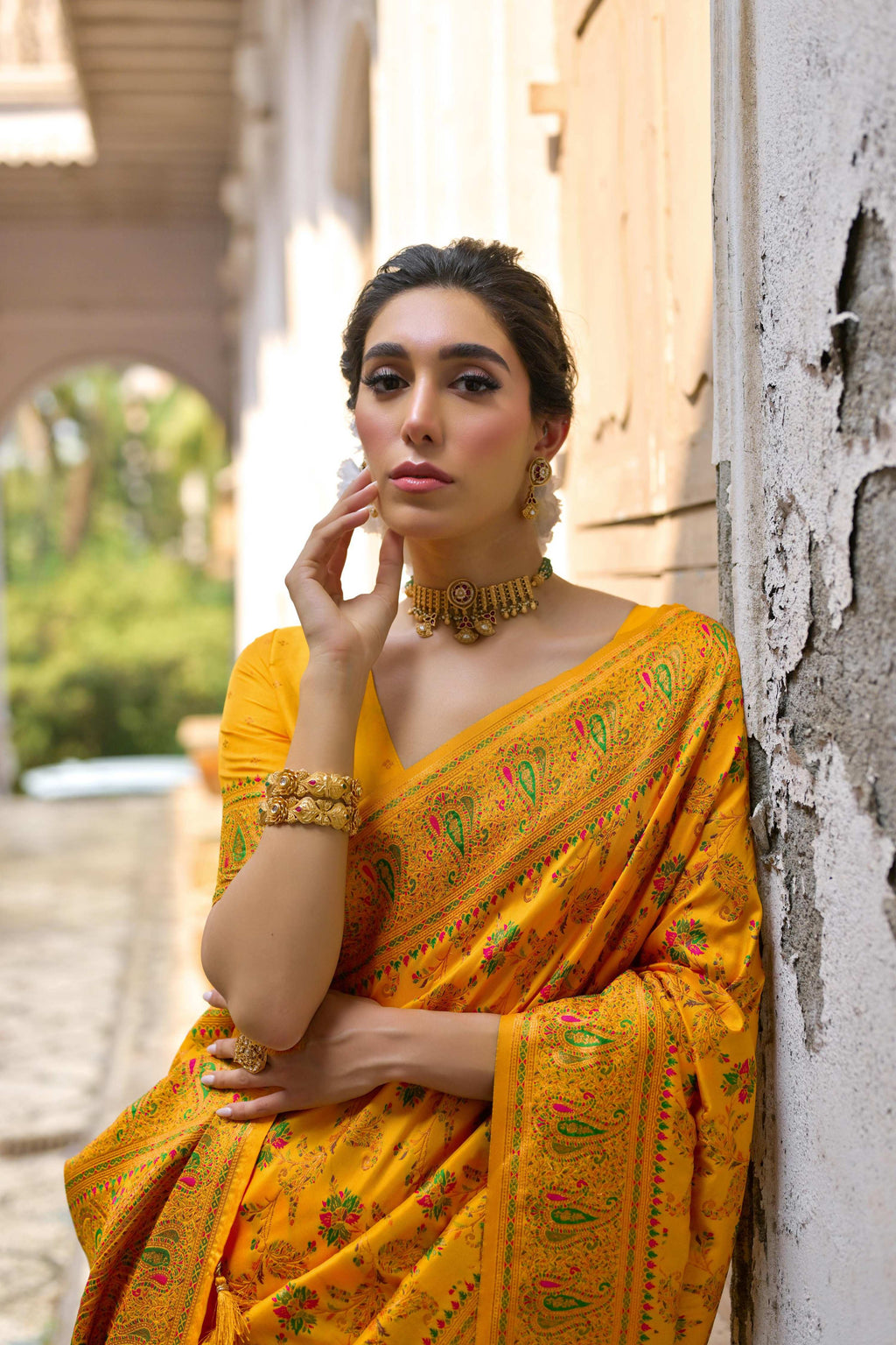 Jyoti Fashion Women's Yellow Soft Pashmina Silk Meena Zari Woven Saree with Blouse