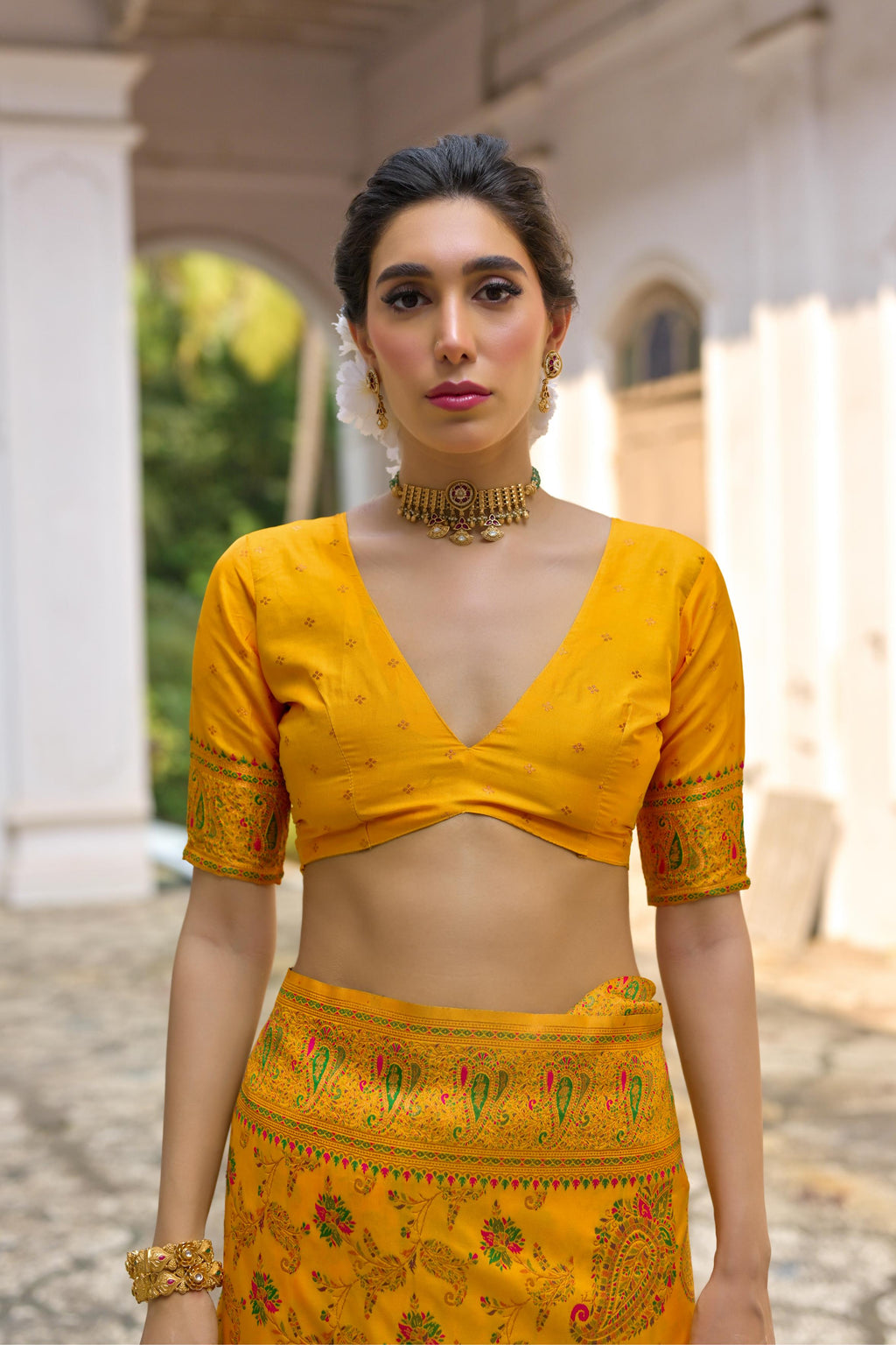 Jyoti Fashion Women's Yellow Soft Pashmina Silk Meena Zari Woven Saree with Blouse