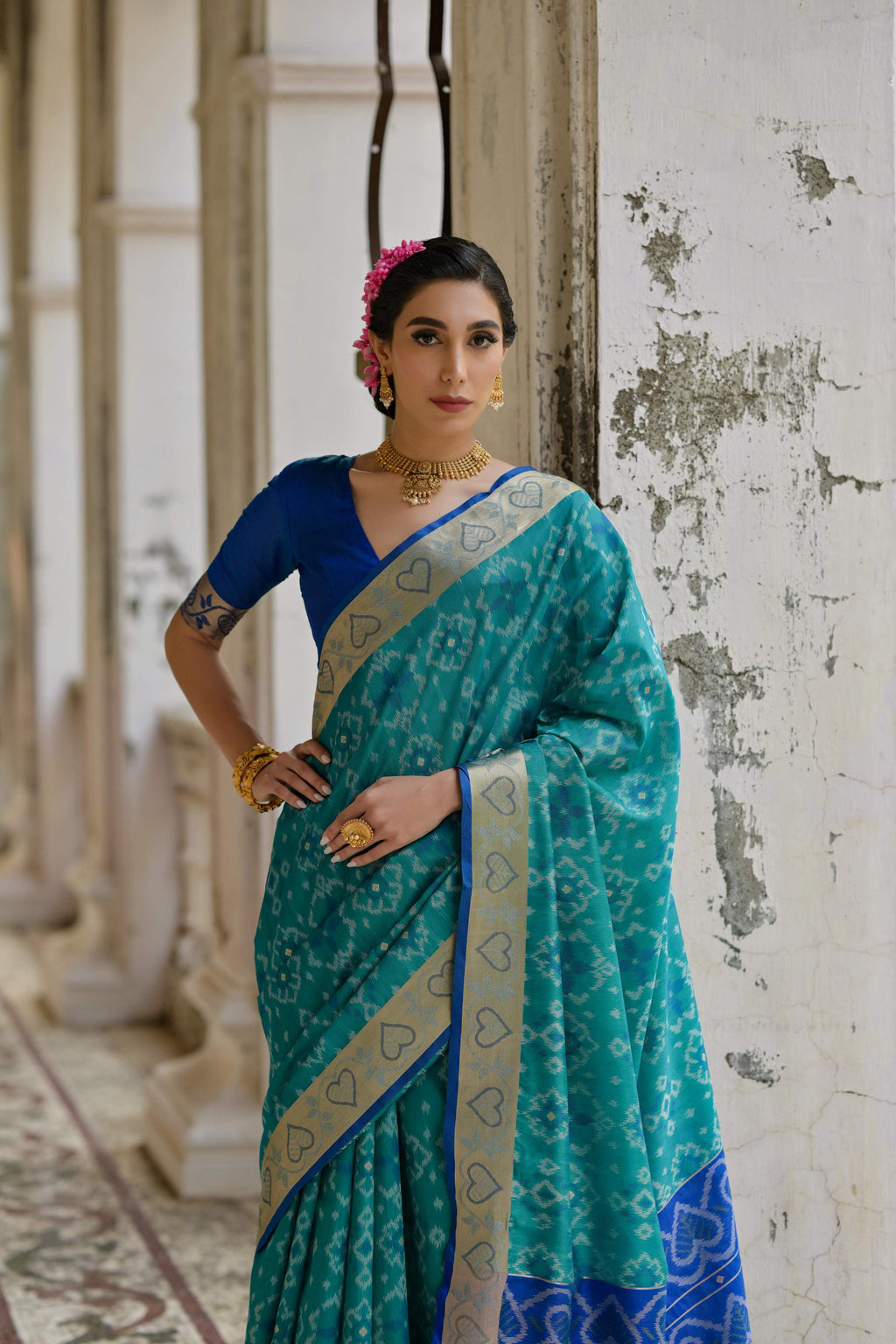 Jyoti Fashion Women's Firozi Soft Raw Silk Zari Woven Saree with Blouse