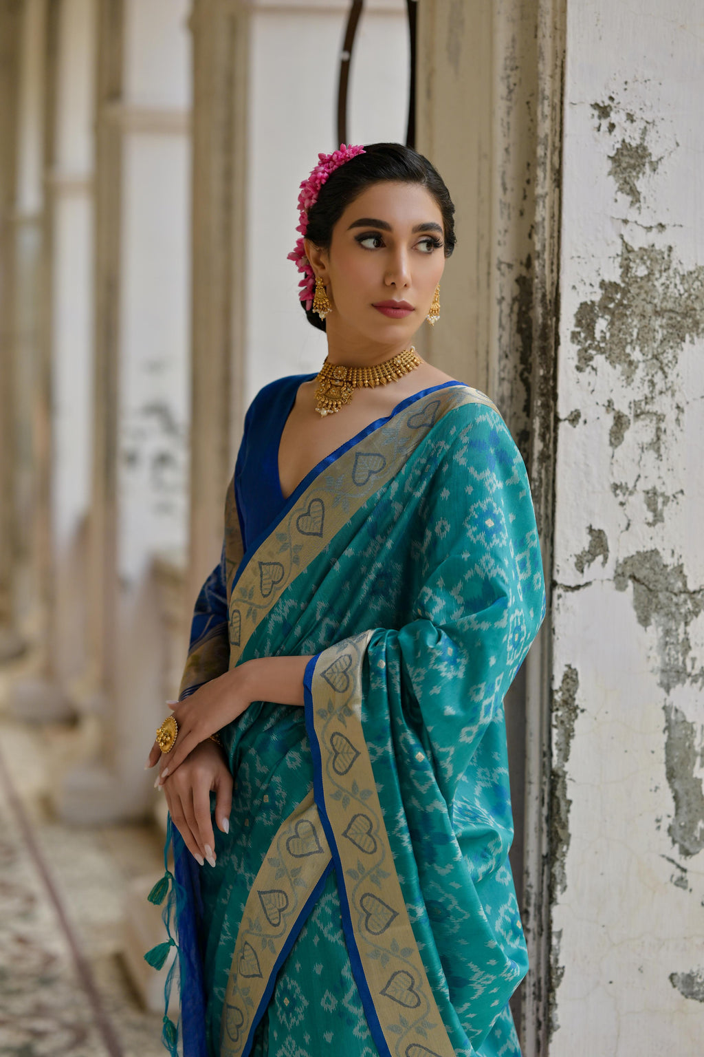 Jyoti Fashion Women's Firozi Soft Raw Silk Zari Woven Saree with Blouse