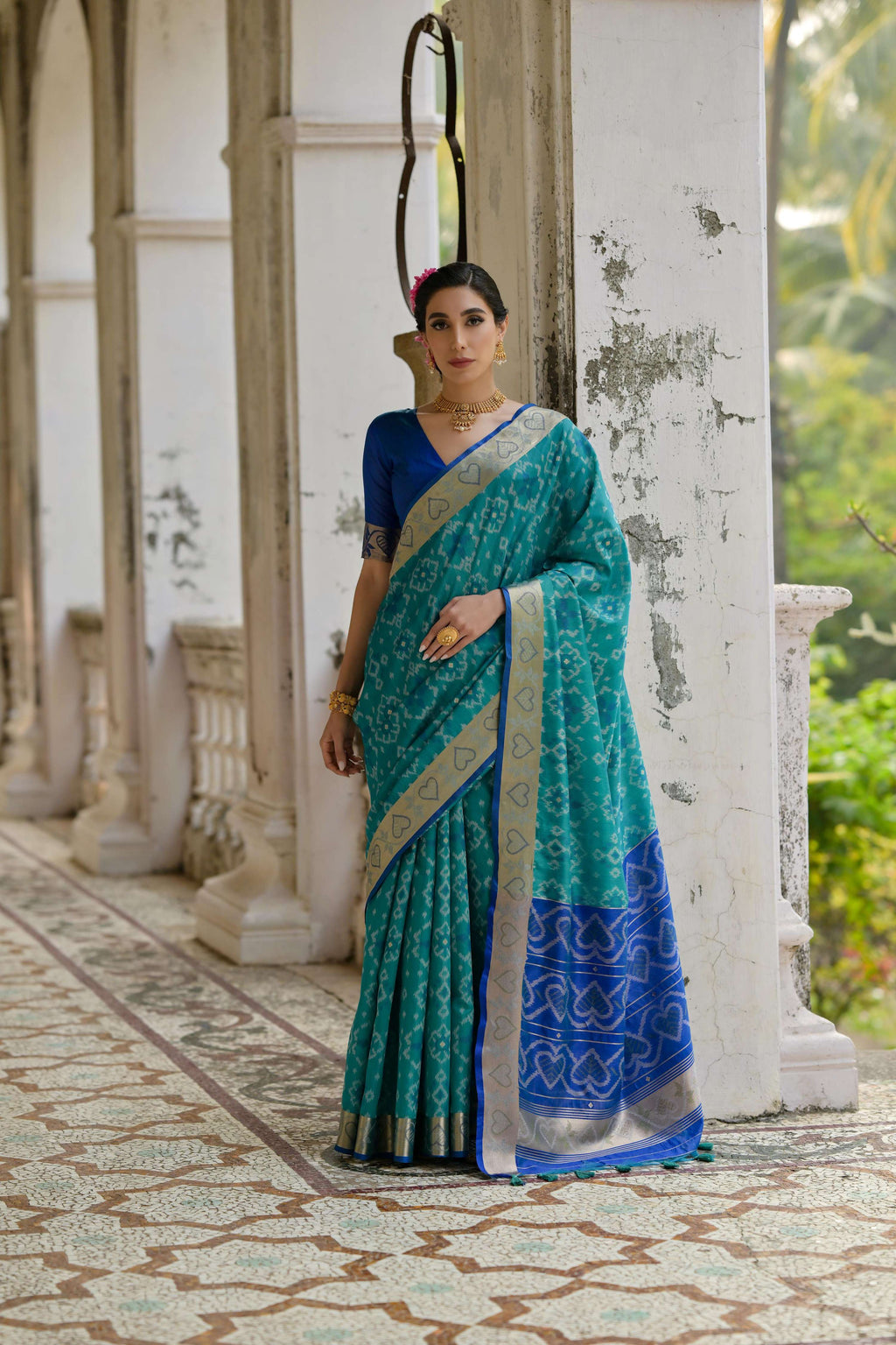 Jyoti Fashion Women's Firozi Soft Raw Silk Zari Woven Saree with Blouse