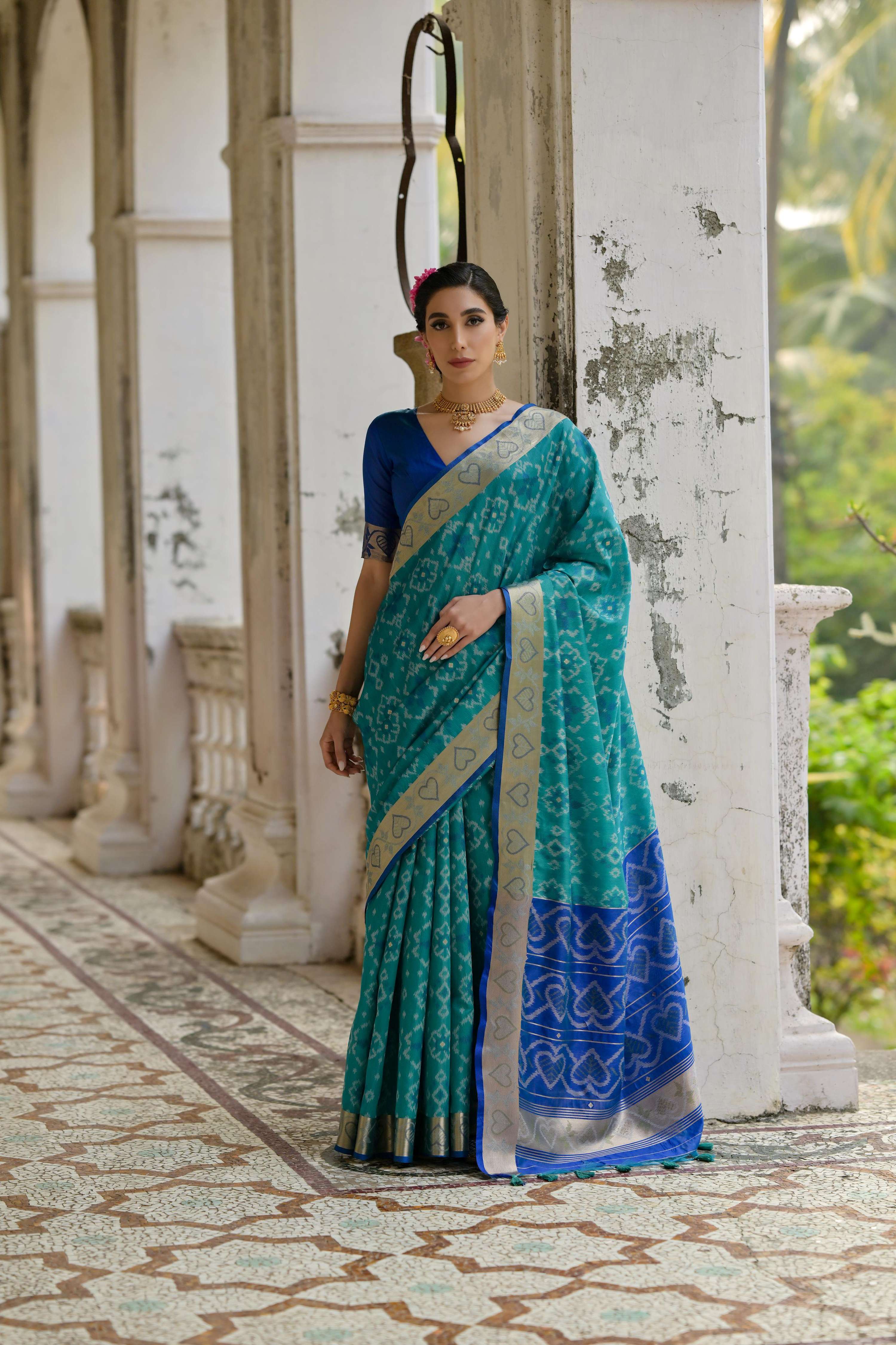 Jyoti Fashion Women's Firozi Soft Raw Silk Zari Woven Saree with Blouse