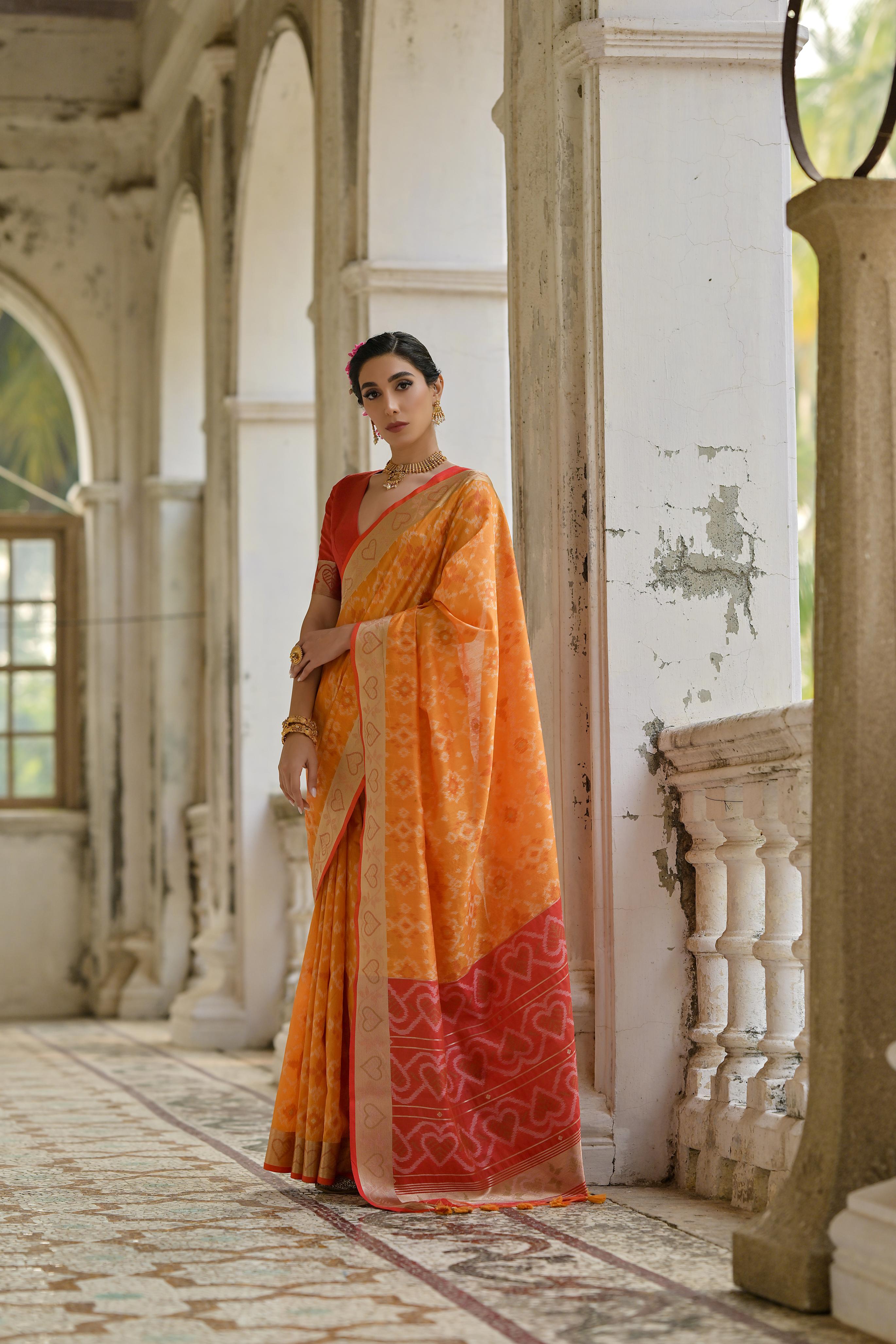 Jyoti Fashion Women's Orange Soft Raw Silk Zari Woven Saree with Blouse