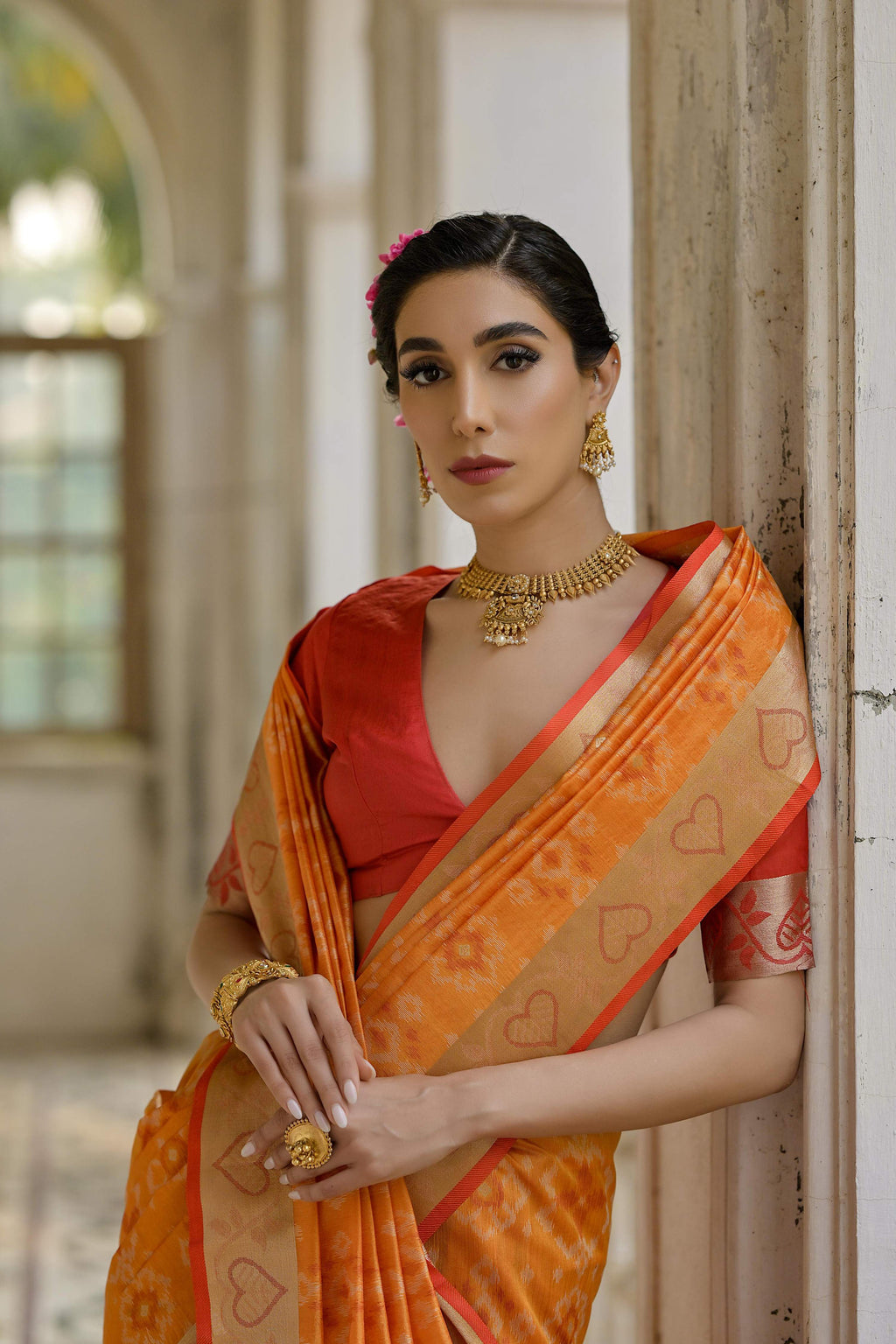Jyoti Fashion Women's Orange Soft Raw Silk Zari Woven Saree with Blouse