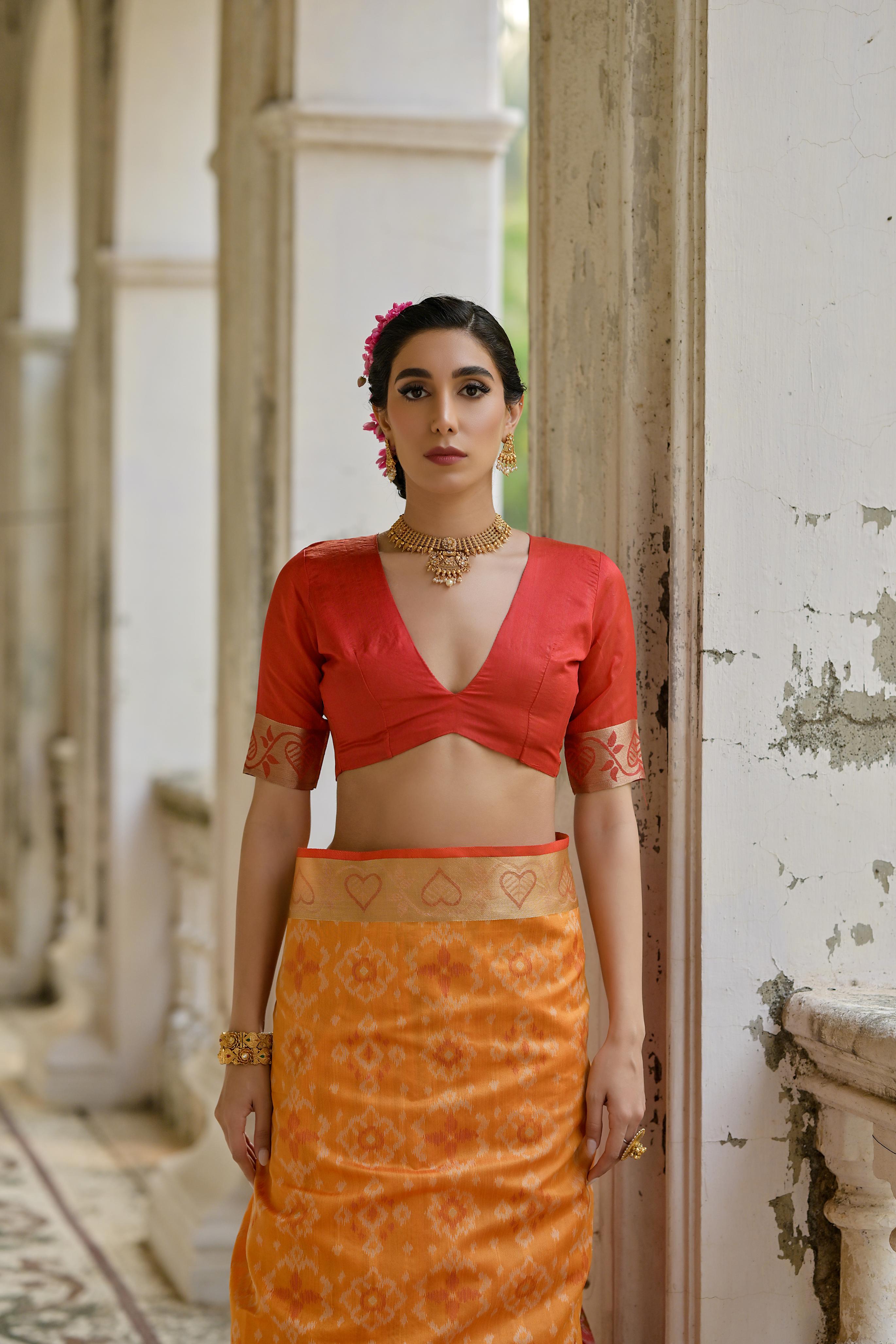 Jyoti Fashion Women's Orange Soft Raw Silk Zari Woven Saree with Blouse