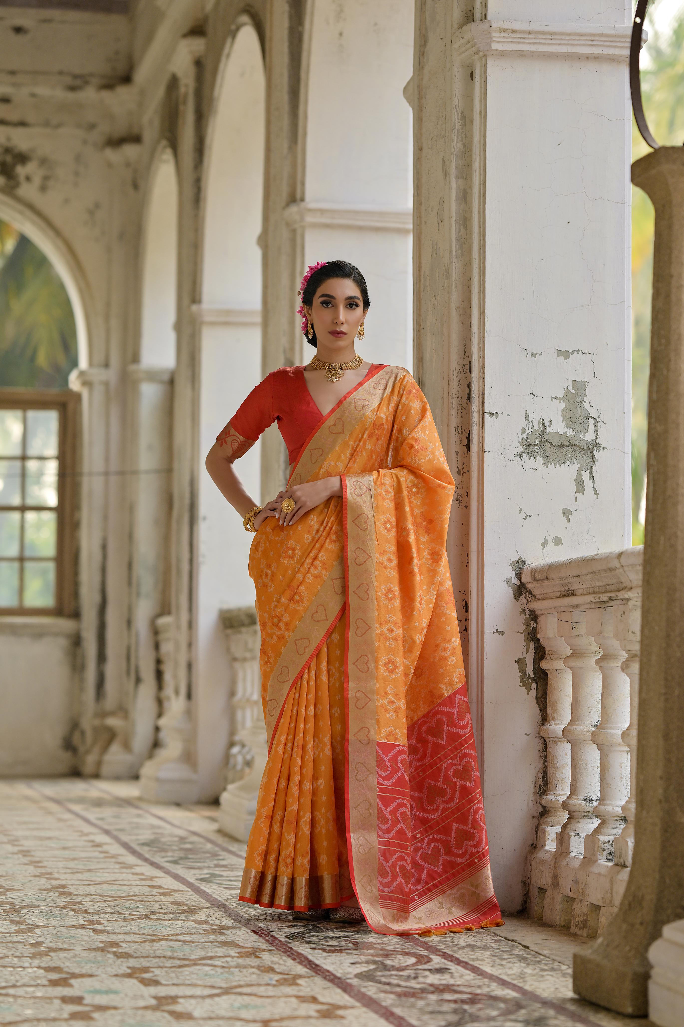 Jyoti Fashion Women's Orange Soft Raw Silk Zari Woven Saree with Blouse