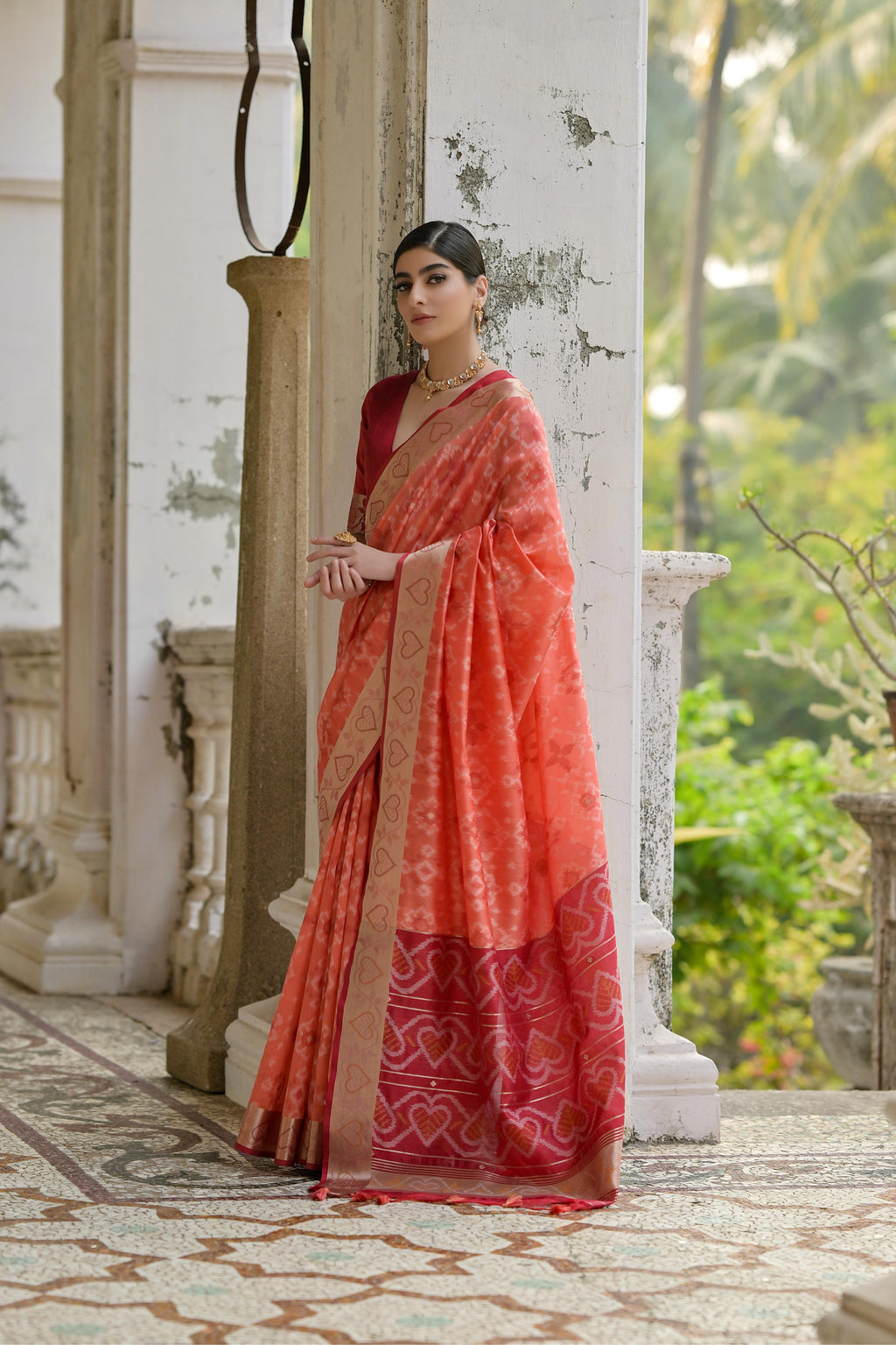 Jyoti Fashion Women's Coral Soft Raw Silk Zari Woven Saree with Blouse
