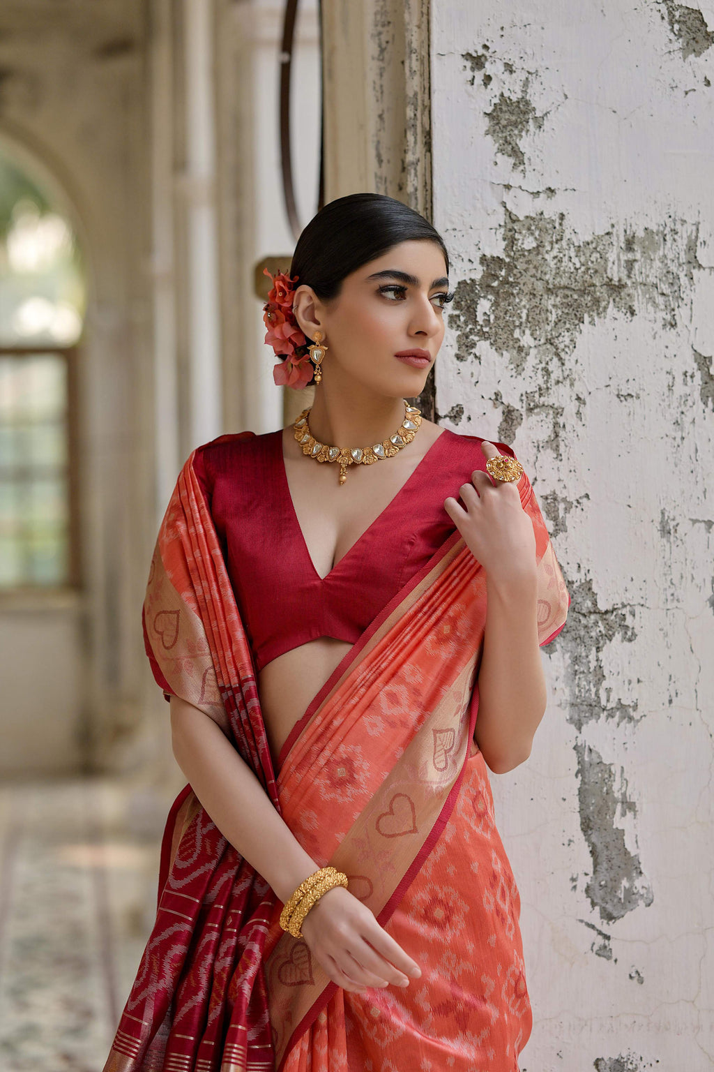Jyoti Fashion Women's Coral Soft Raw Silk Zari Woven Saree with Blouse