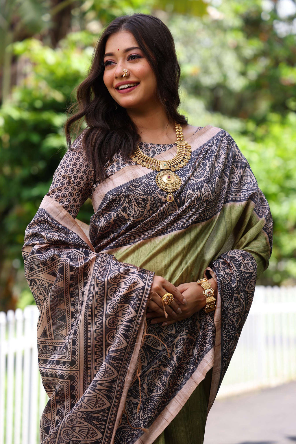 Jyoti Fashion Women's Green Soft Tussar Silk Madhubani Printed Saree with Blouse