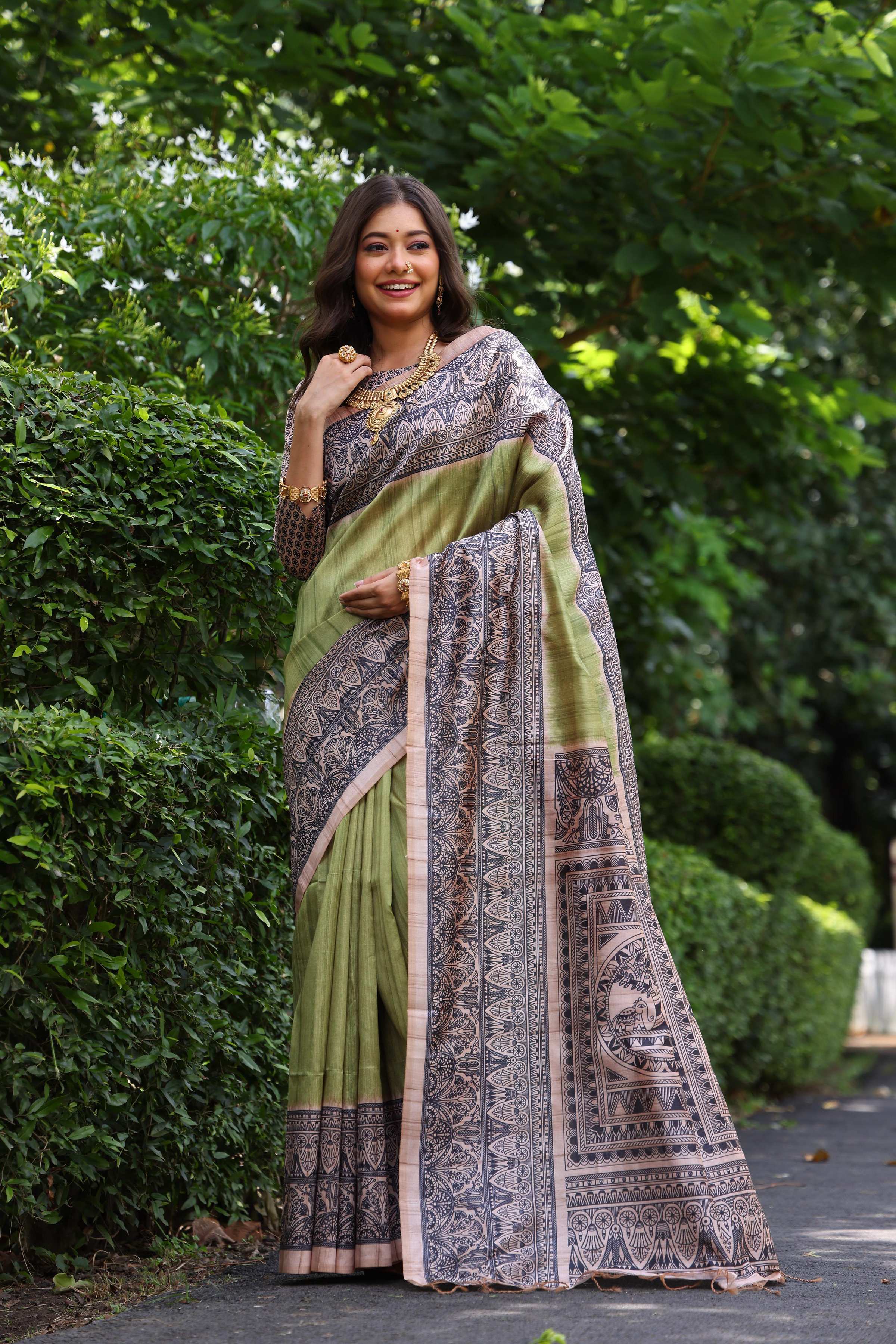 Jyoti Fashion Women's Green Soft Tussar Silk Madhubani Printed Saree with Blouse