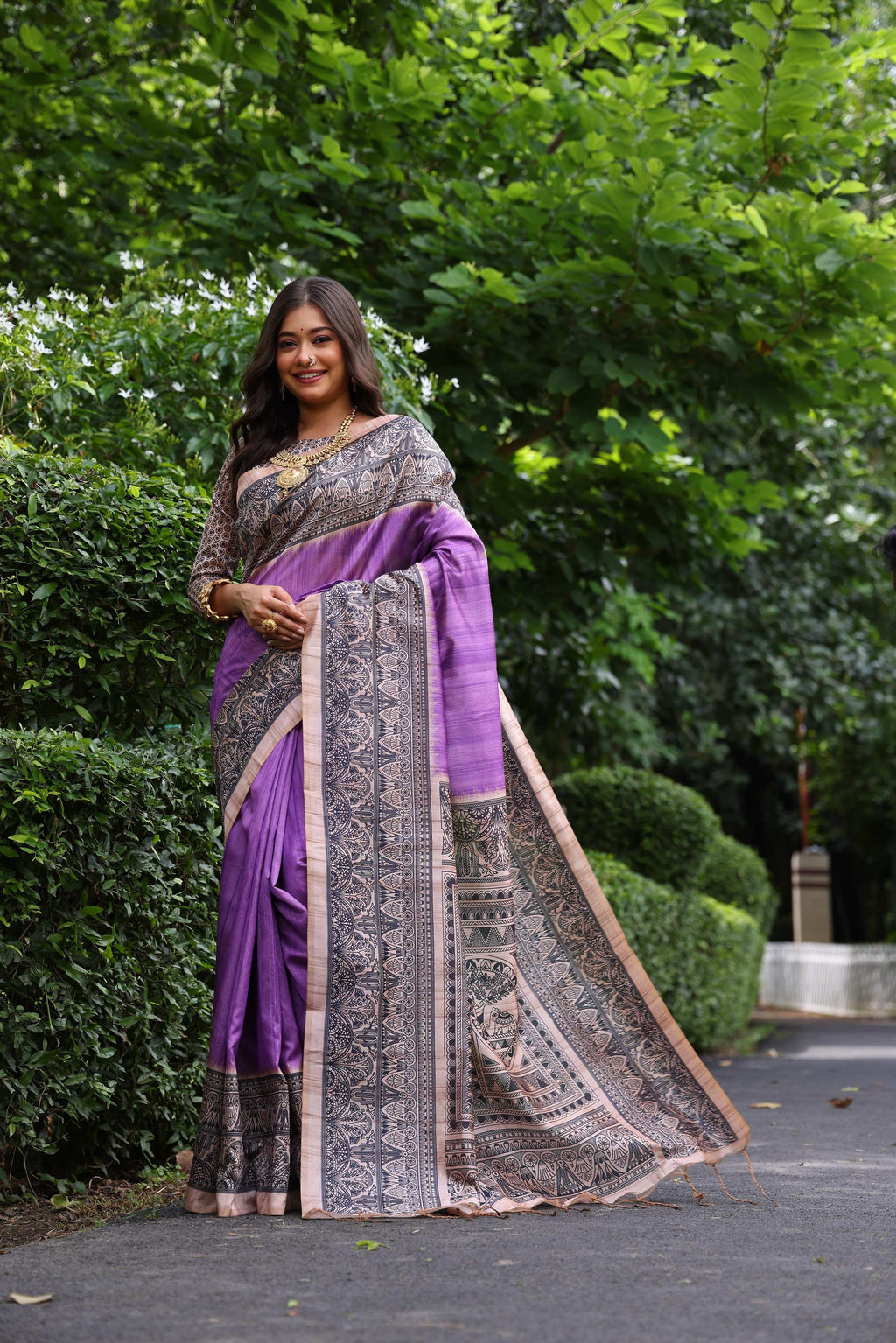 Jyoti Fashion Women's Purple Soft Tussar Silk Madhubani Printed Saree with Blouse