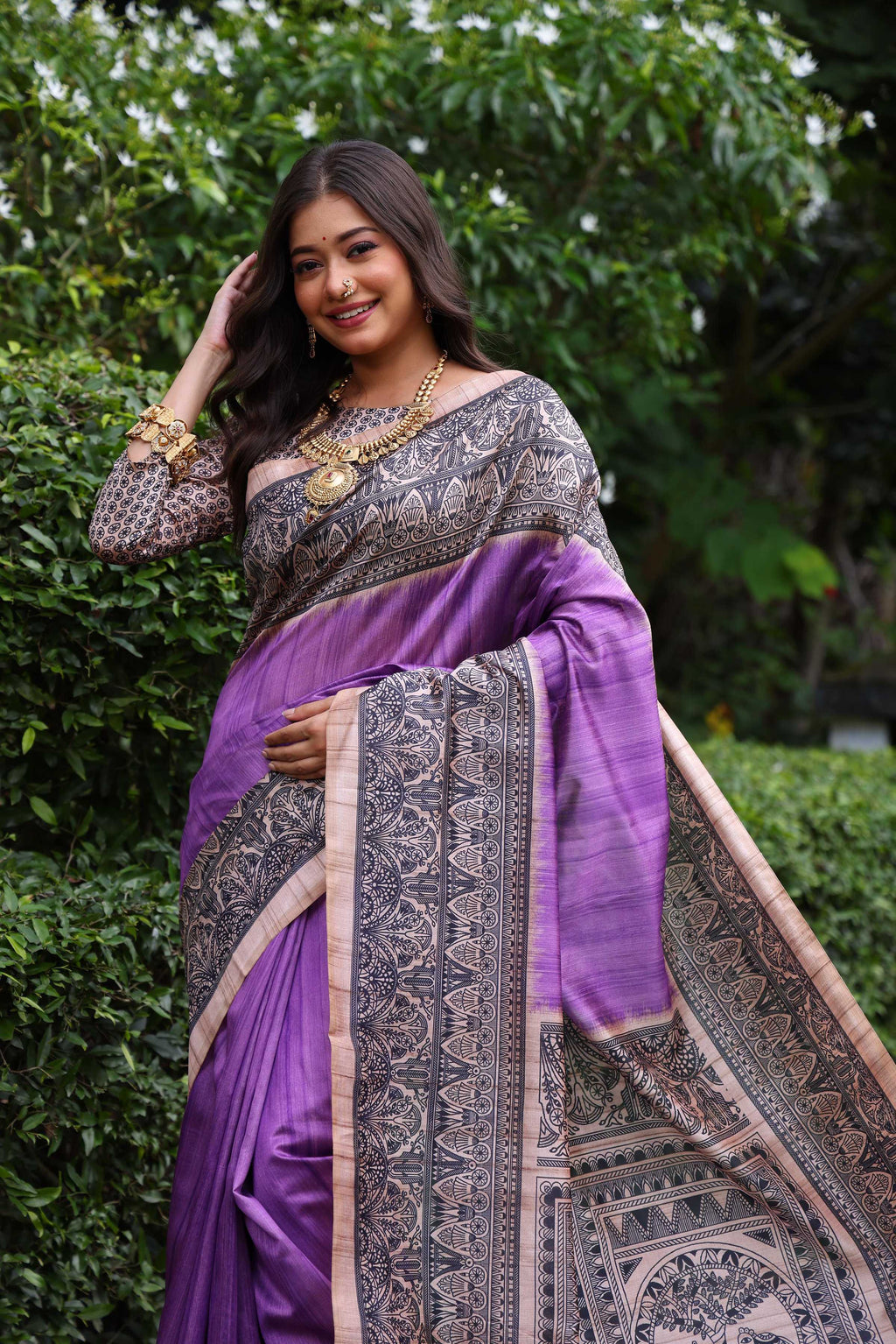 Jyoti Fashion Women's Purple Soft Tussar Silk Madhubani Printed Saree with Blouse