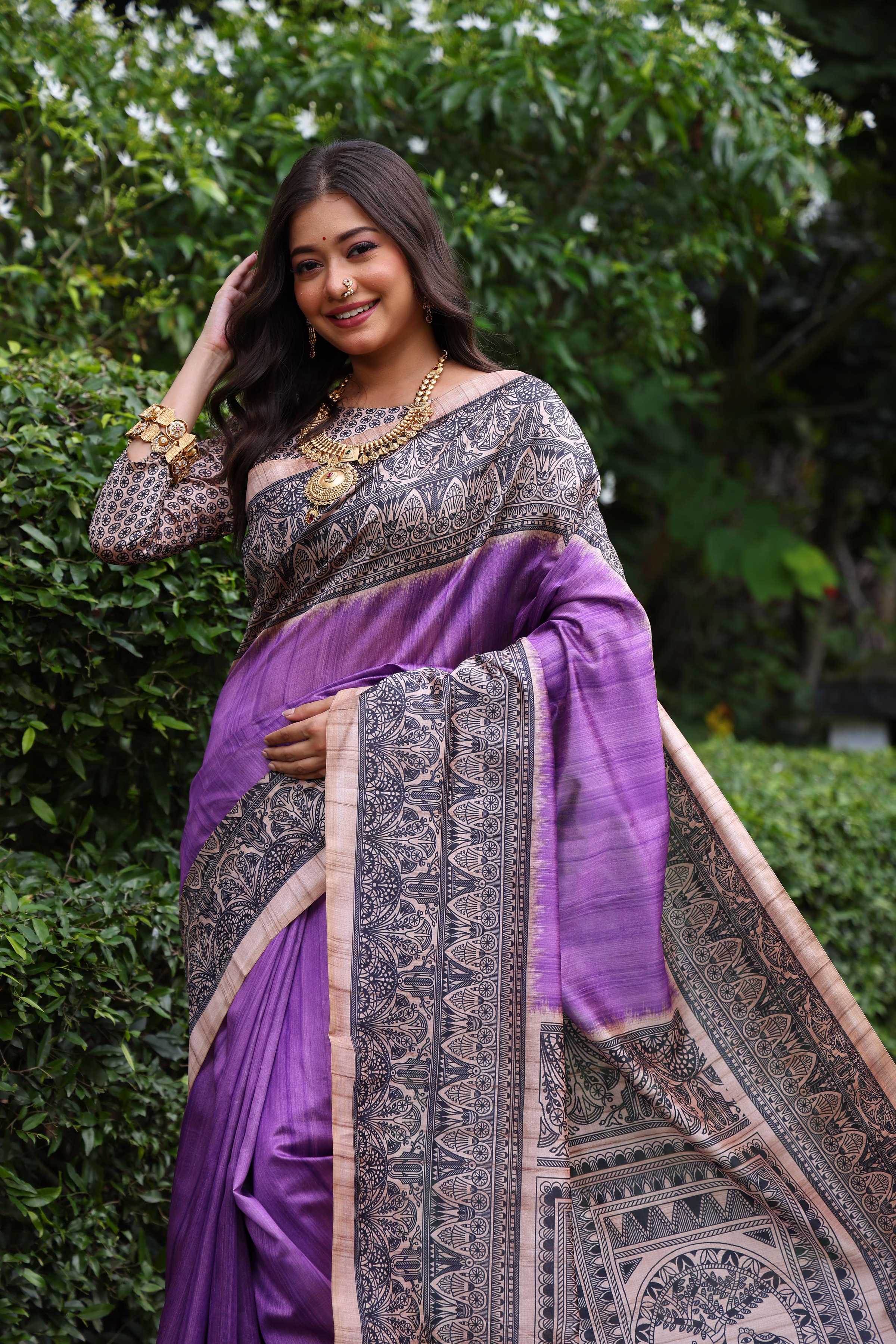 Jyoti Fashion Women's Purple Soft Tussar Silk Madhubani Printed Saree with Blouse