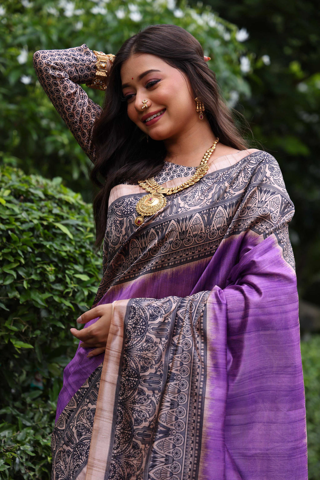 Jyoti Fashion Women's Purple Soft Tussar Silk Madhubani Printed Saree with Blouse