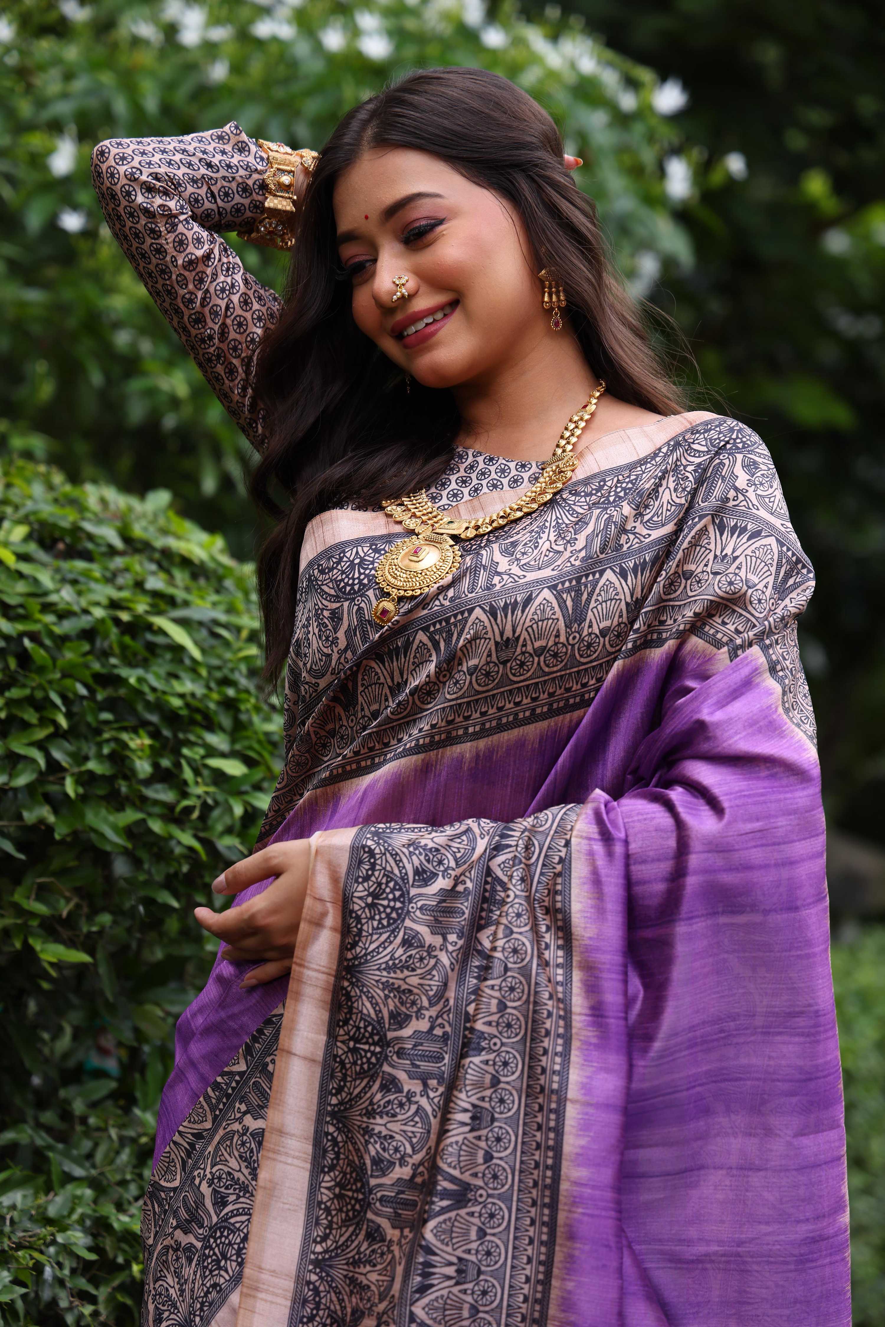 Jyoti Fashion Women's Purple Soft Tussar Silk Madhubani Printed Saree with Blouse