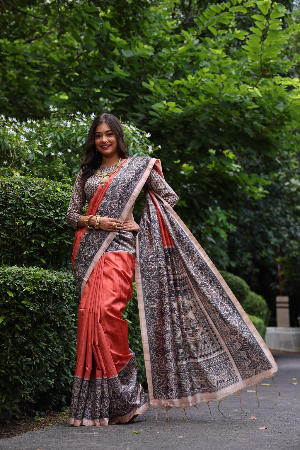 Jyoti Fashion Women's Red Soft Tussar Silk Madhubani Printed Saree with Blouse