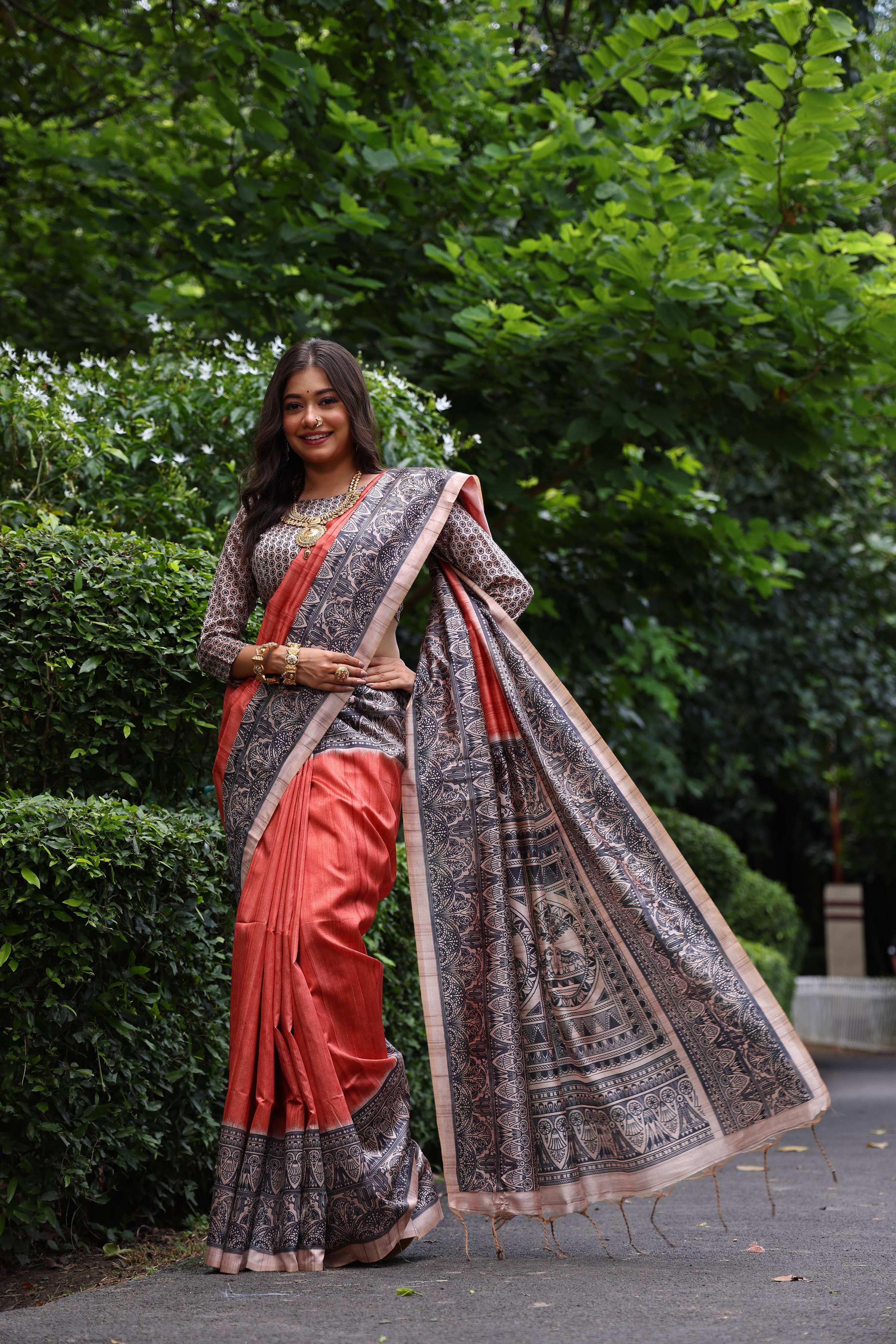 Jyoti Fashion Women's Red Soft Tussar Silk Madhubani Printed Saree with Blouse
