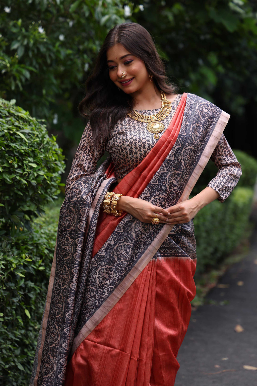Jyoti Fashion Women's Red Soft Tussar Silk Madhubani Printed Saree with Blouse