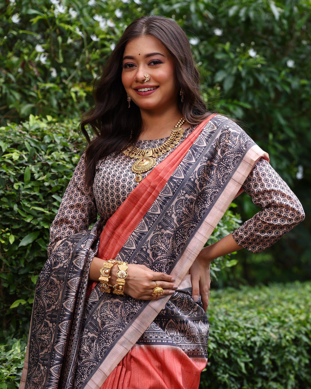 Jyoti Fashion Women's Red Soft Tussar Silk Madhubani Printed Saree with Blouse