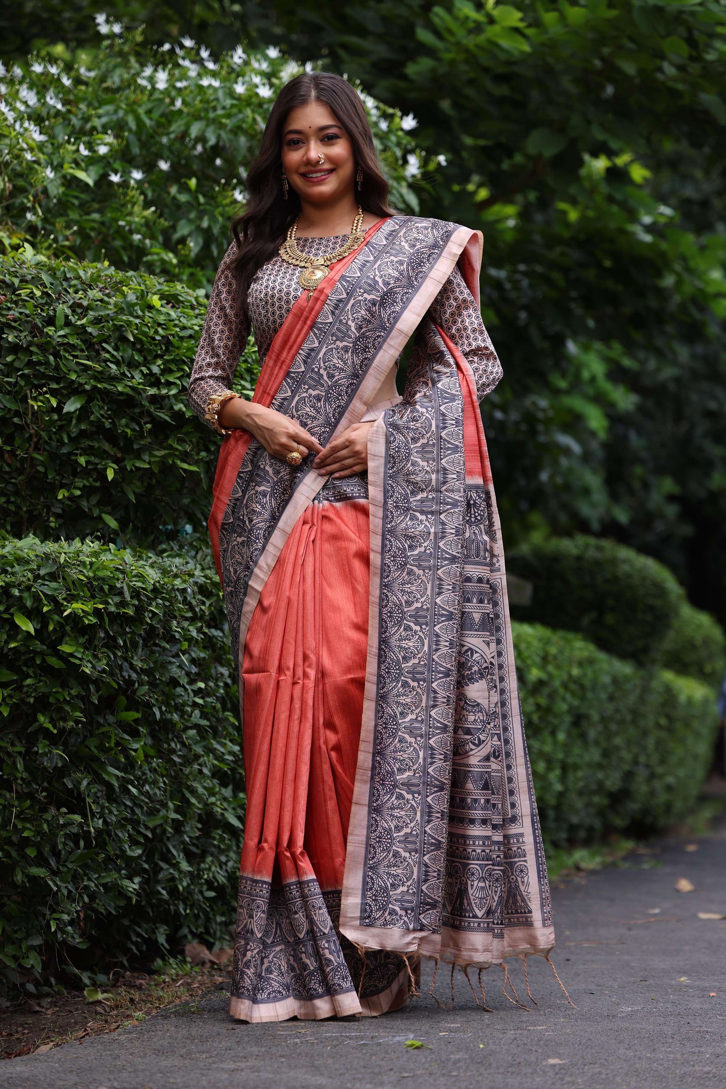 Jyoti Fashion Women's Red Soft Tussar Silk Madhubani Printed Saree with Blouse