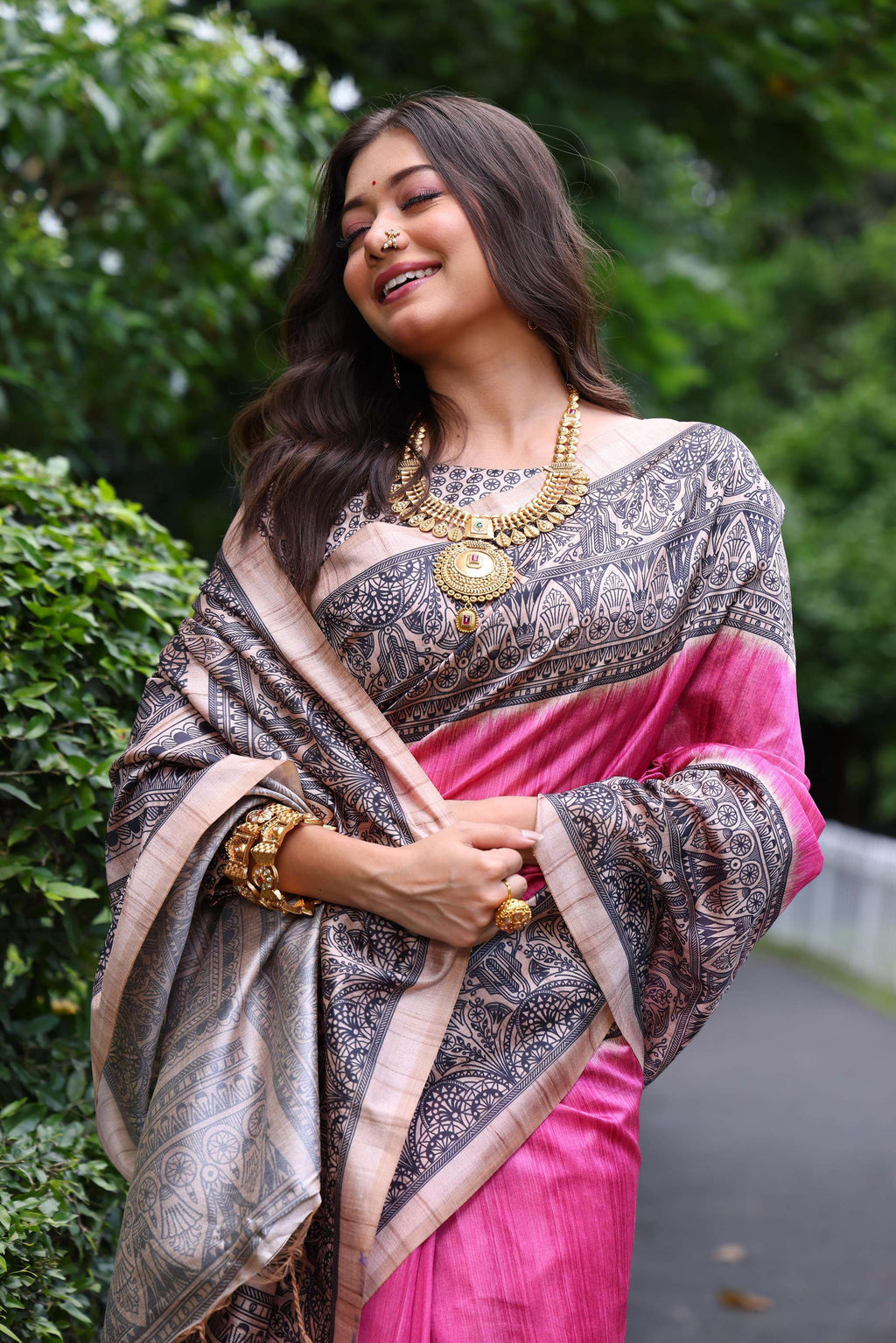 Jyoti Fashion Women's Pink Soft Tussar Silk Madhubani Printed Saree with Blouse