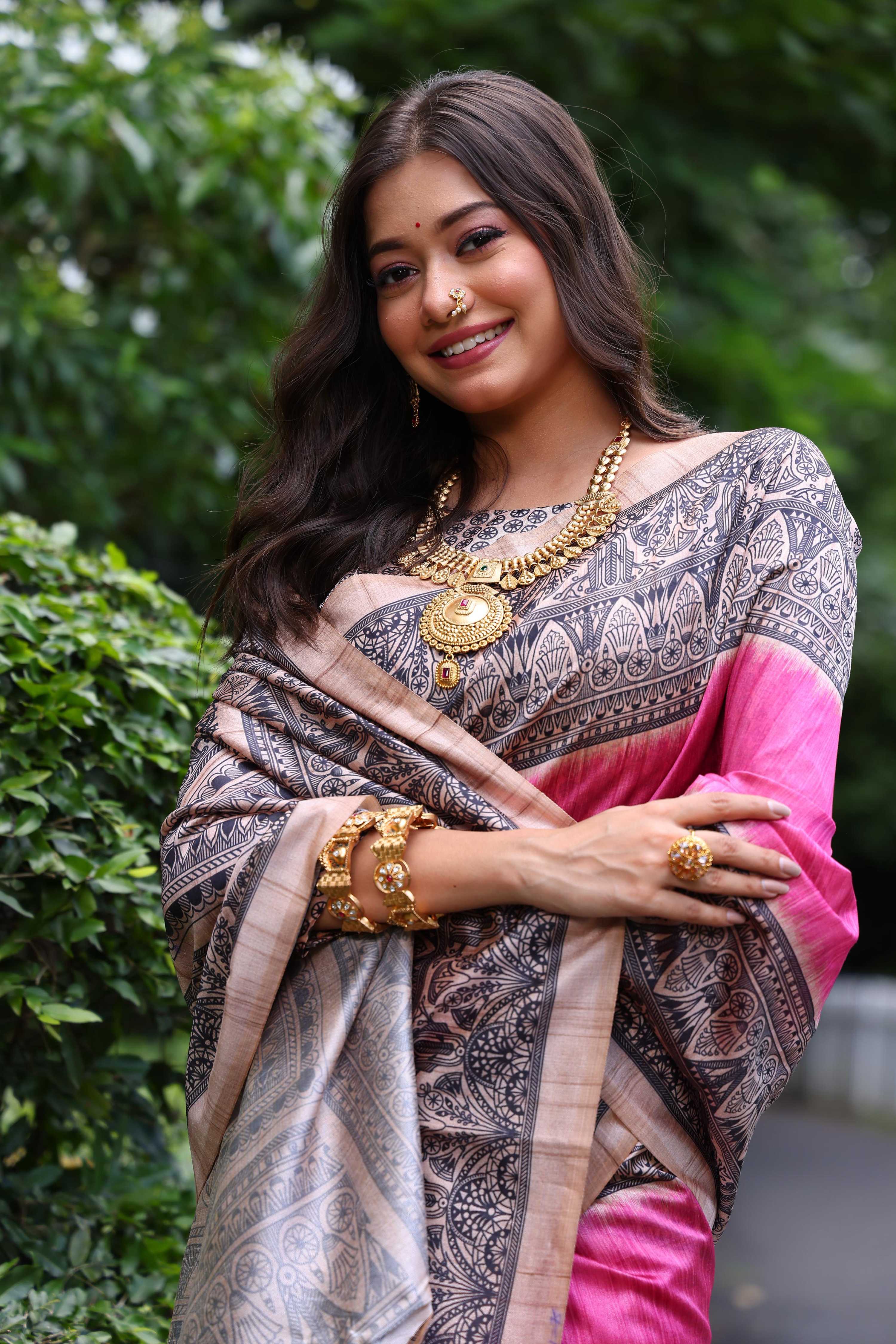 Jyoti Fashion Women's Pink Soft Tussar Silk Madhubani Printed Saree with Blouse