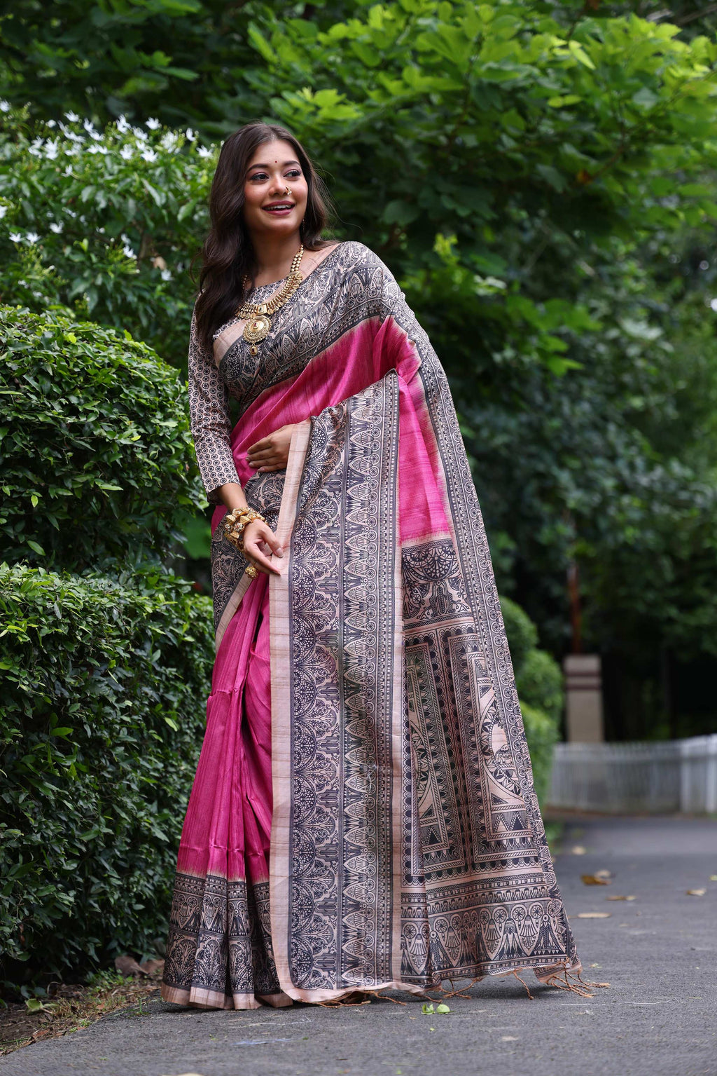 Jyoti Fashion Women's Pink Soft Tussar Silk Madhubani Printed Saree with Blouse