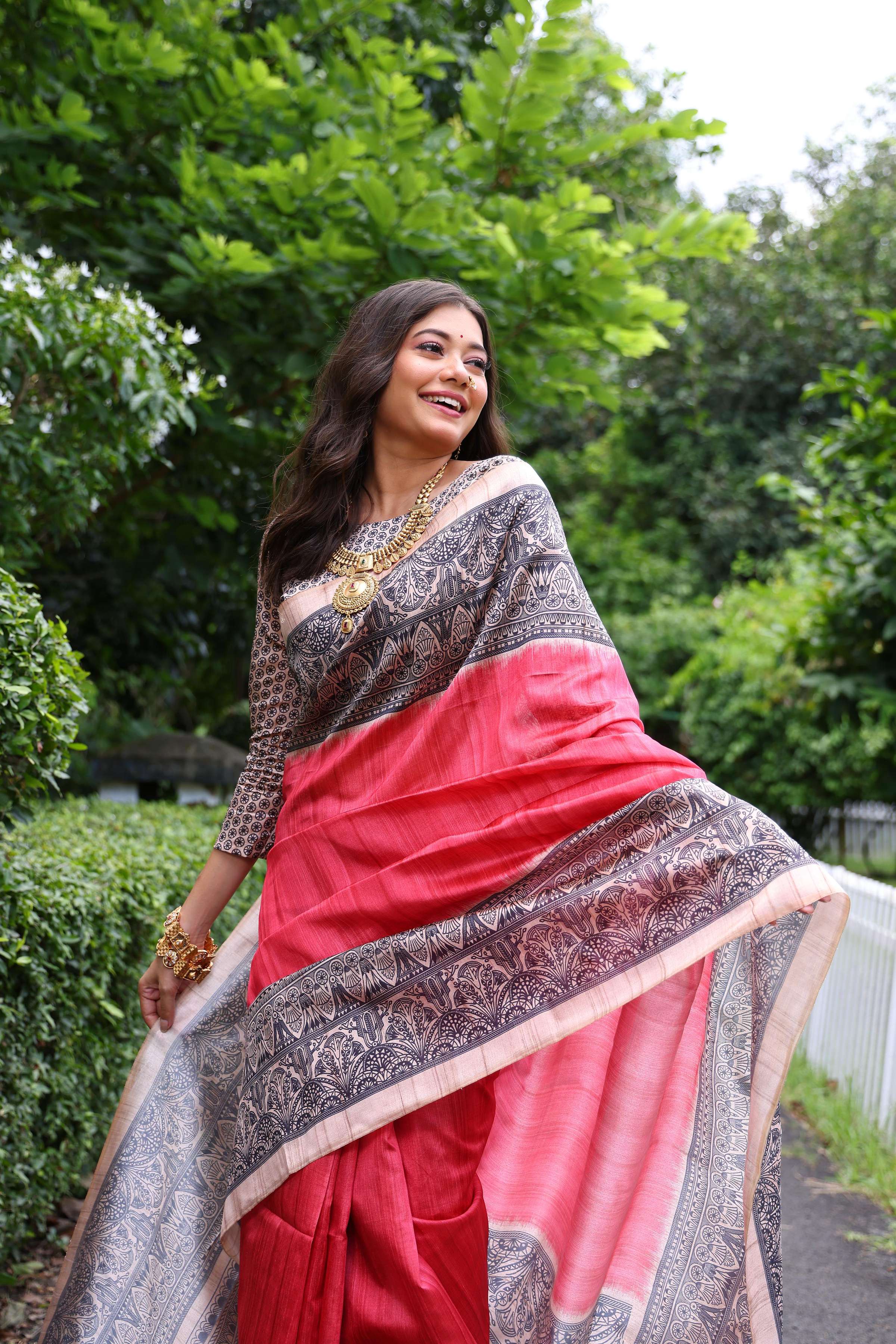 Jyoti Fashion Women's Gajri Soft Tussar Silk Madhubani Printed Saree with Blouse