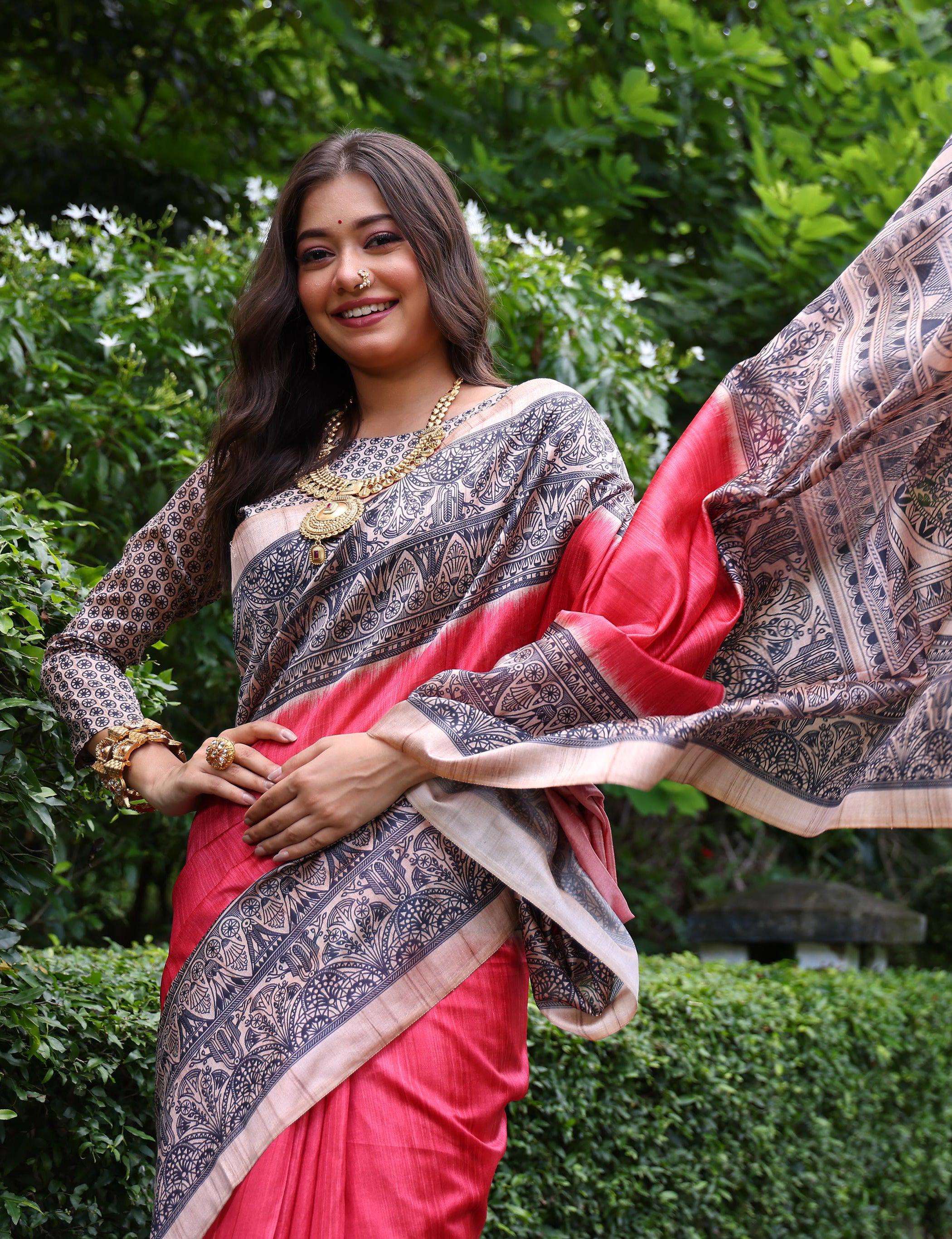 Jyoti Fashion Women's Gajri Soft Tussar Silk Madhubani Printed Saree with Blouse