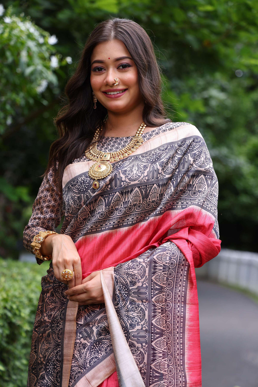 Jyoti Fashion Women's Gajri Soft Tussar Silk Madhubani Printed Saree with Blouse