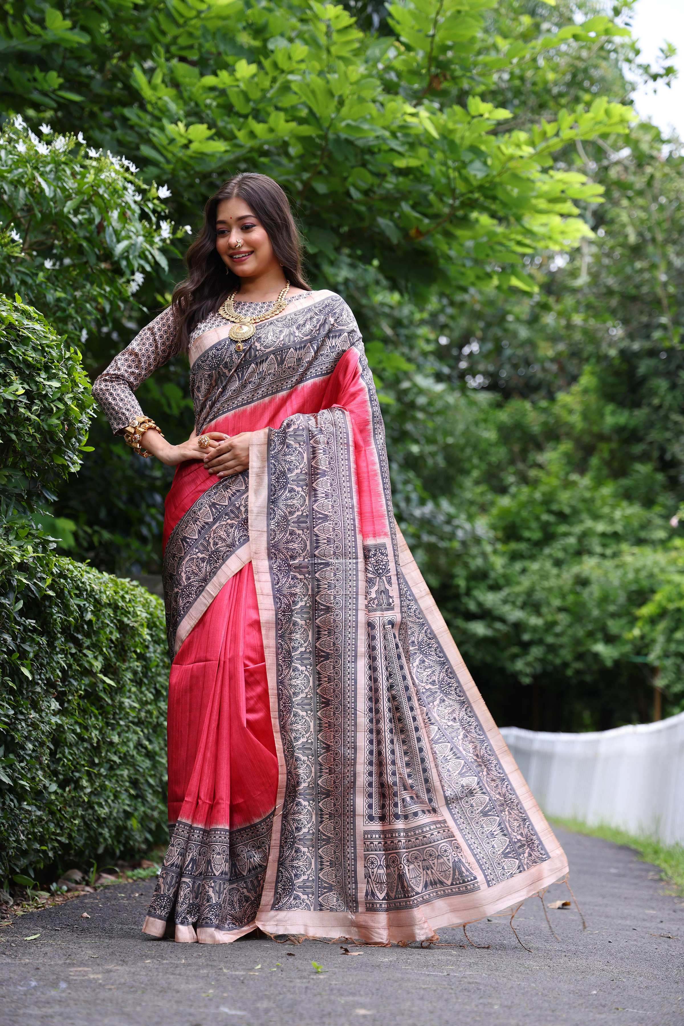 Jyoti Fashion Women's Gajri Soft Tussar Silk Madhubani Printed Saree with Blouse
