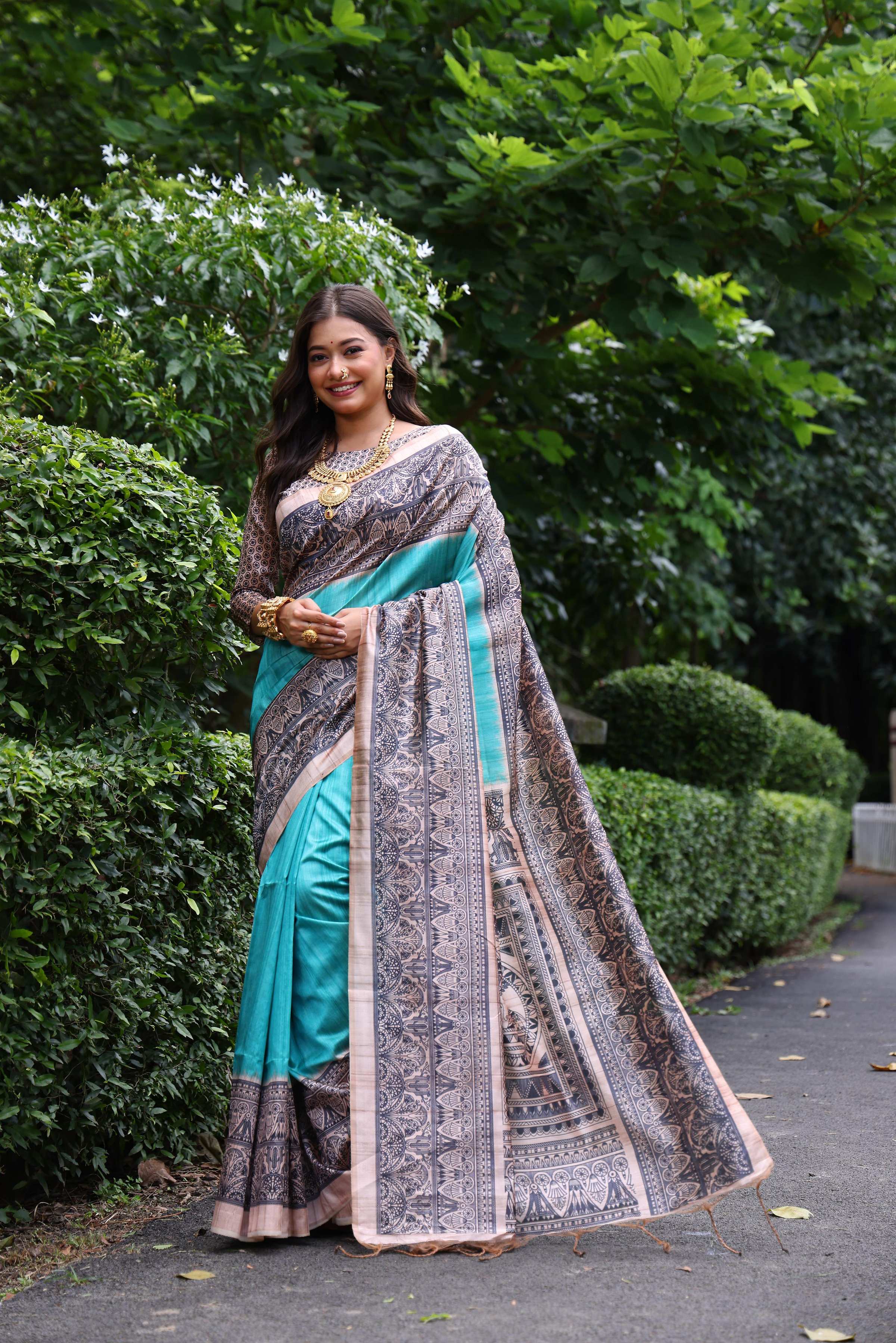 Jyoti Fashion Women's Sky Blue Soft Tussar Silk Madhubani Printed Saree with Blouse