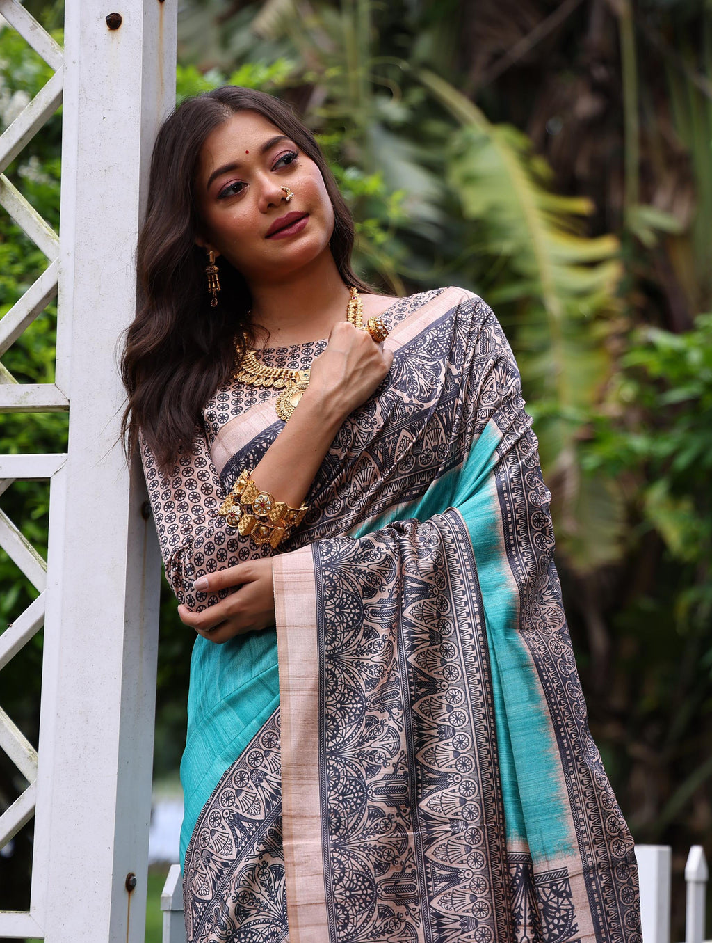 Jyoti Fashion Women's Sky Blue Soft Tussar Silk Madhubani Printed Saree with Blouse