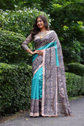 Jyoti Fashion Women's Sky Blue Soft Tussar Silk Madhubani Printed Saree with Blouse