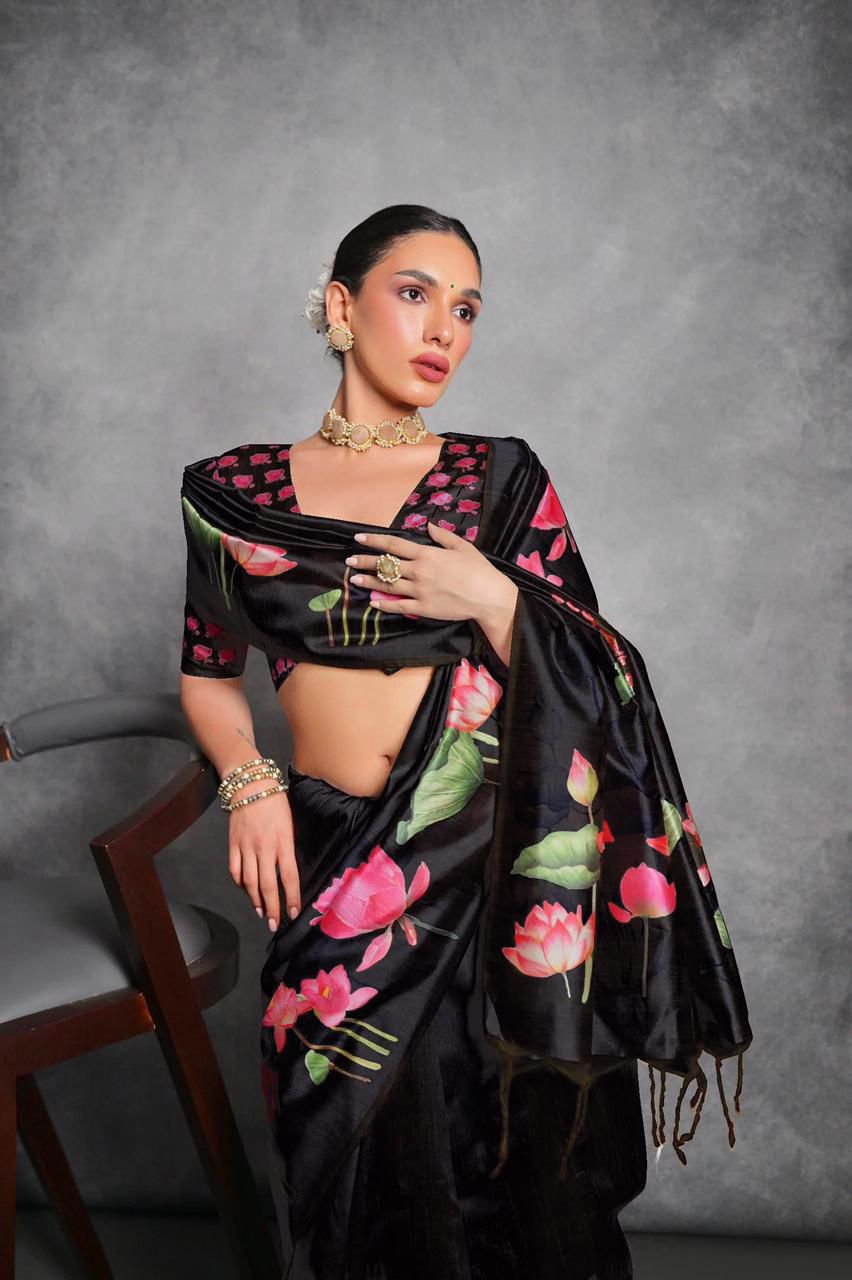 Jyoti Fashion Women's Black Soft Tussar Silk Floral Printed Saree with Blouse