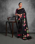 Jyoti Fashion Women's Black Soft Tussar Silk Floral Printed Saree with Blouse