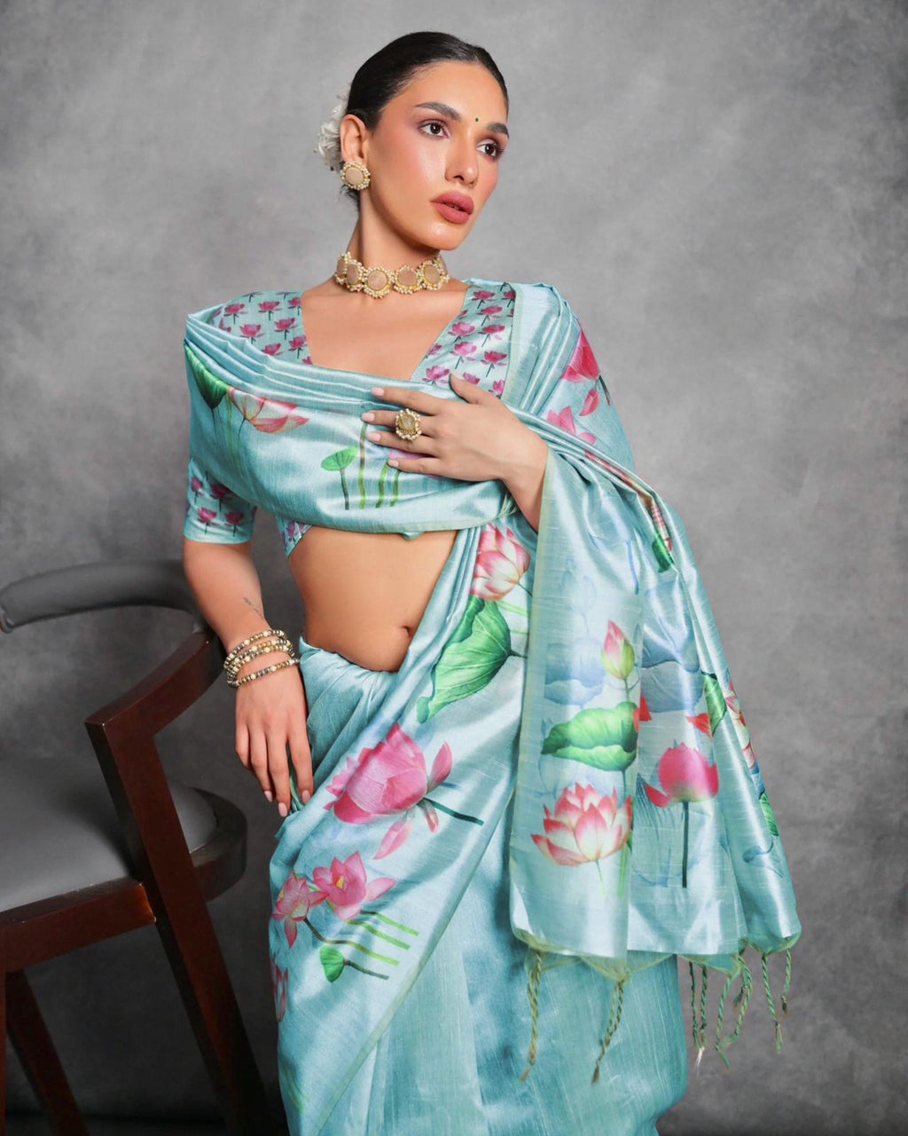 Jyoti Fashion Women's Sky Blue Soft Tussar Silk Floral Printed Saree with Blouse