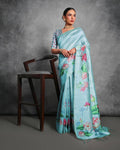 Jyoti Fashion Women's Sky Blue Soft Tussar Silk Floral Printed Saree with Blouse