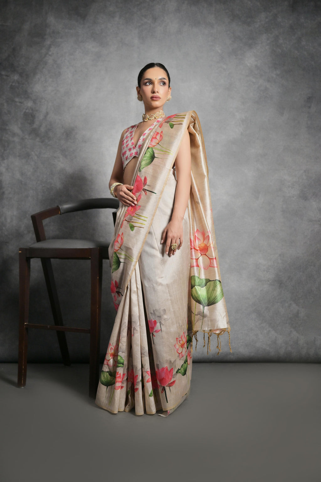 Jyoti Fashion Women's Beige Soft Tussar Silk Floral Printed Saree with Blouse