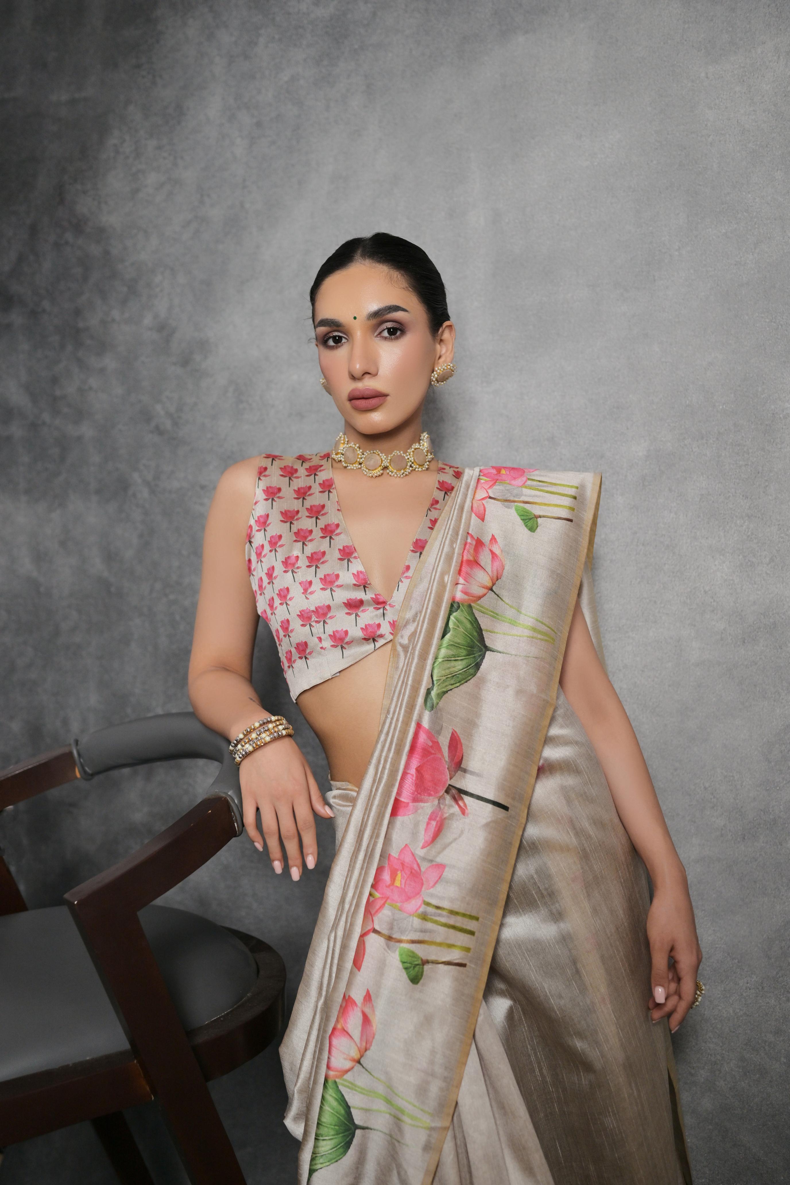 Jyoti Fashion Women's Beige Soft Tussar Silk Floral Printed Saree with Blouse